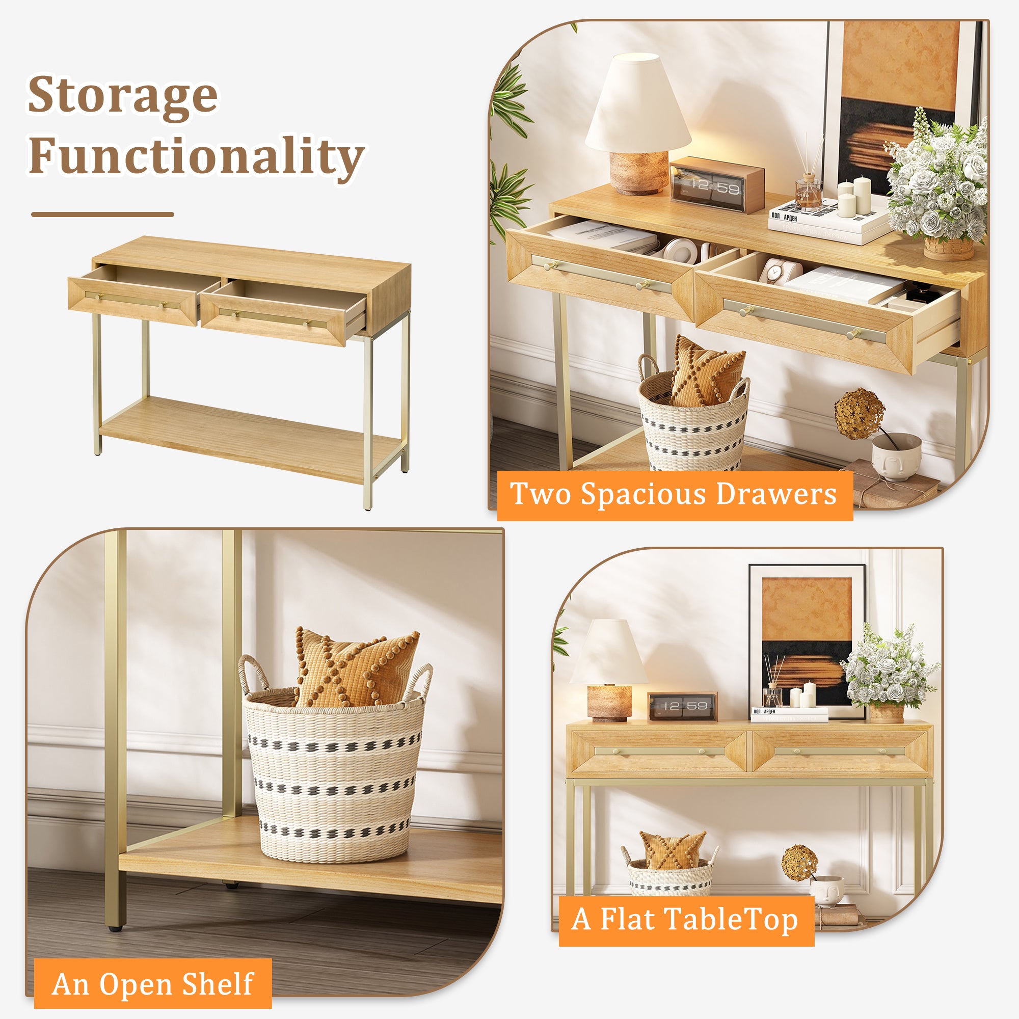 TREXM Entryway Table, Console Table with Two Drawers, Retro Hallway Table with Striking Geometric Design for Entryway and Living Room (Natural) - Abrihome