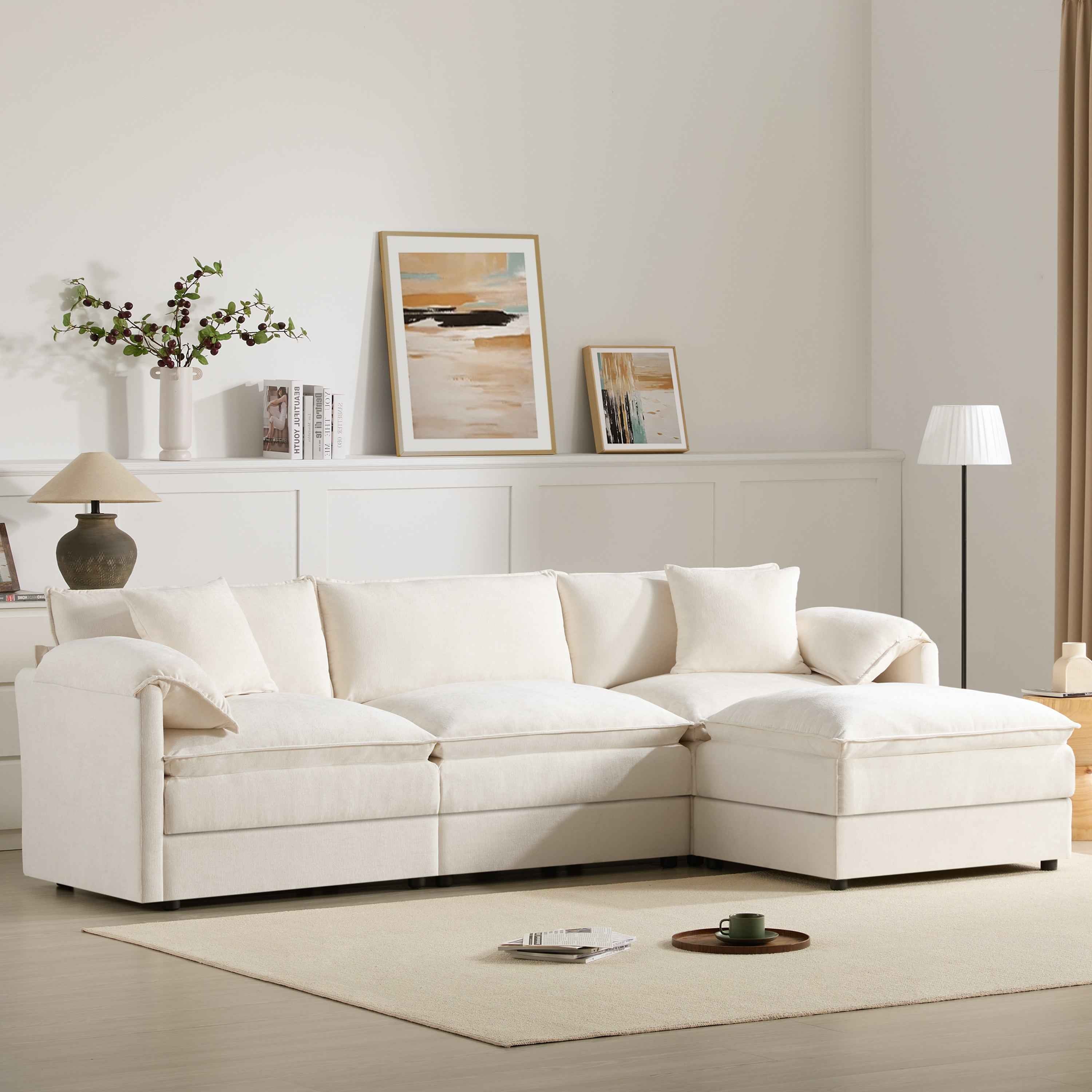 Chenille Modular Sectional Sofa with Deep Seat and Movable Ottoman in Cream