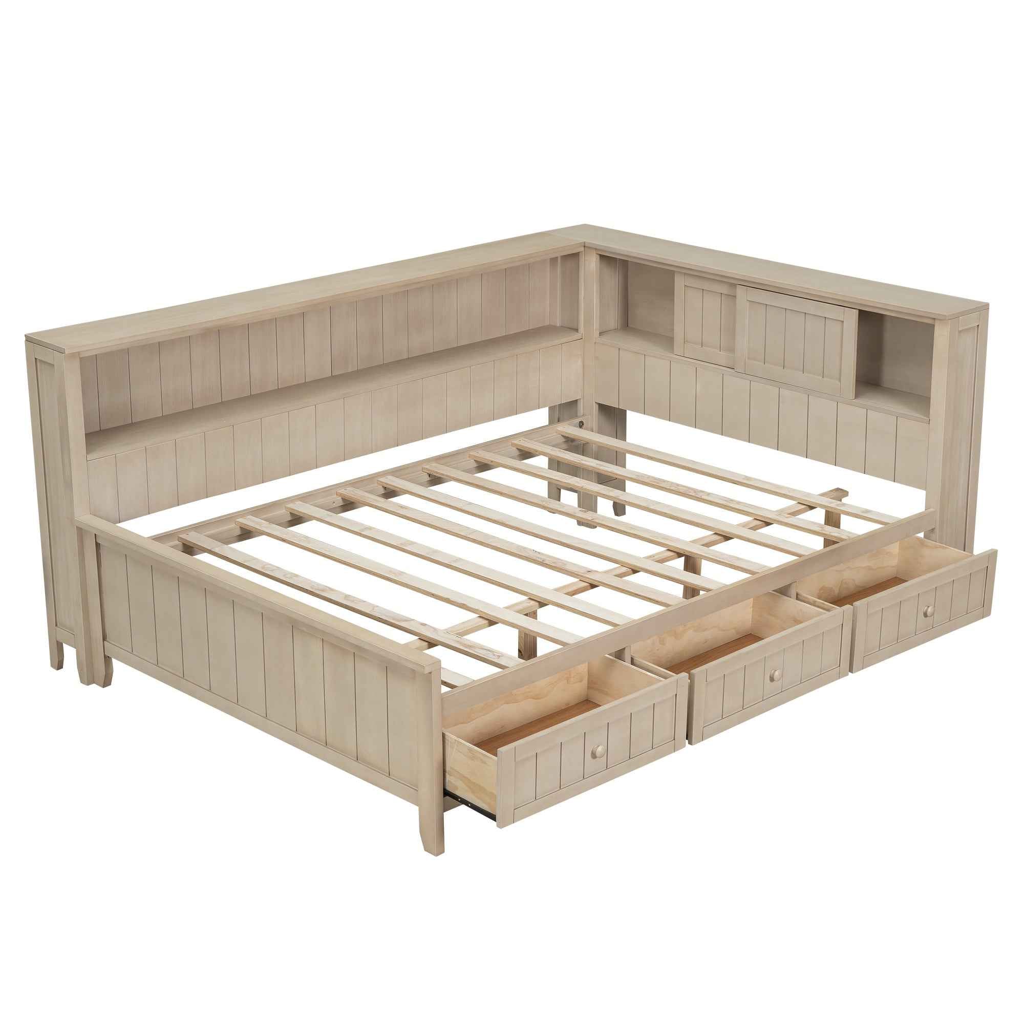 Full Size Wood Daybed with Storage Shelves and 3 Drawers in Antique White Milk Finish, Solid Pine Wood+MDF