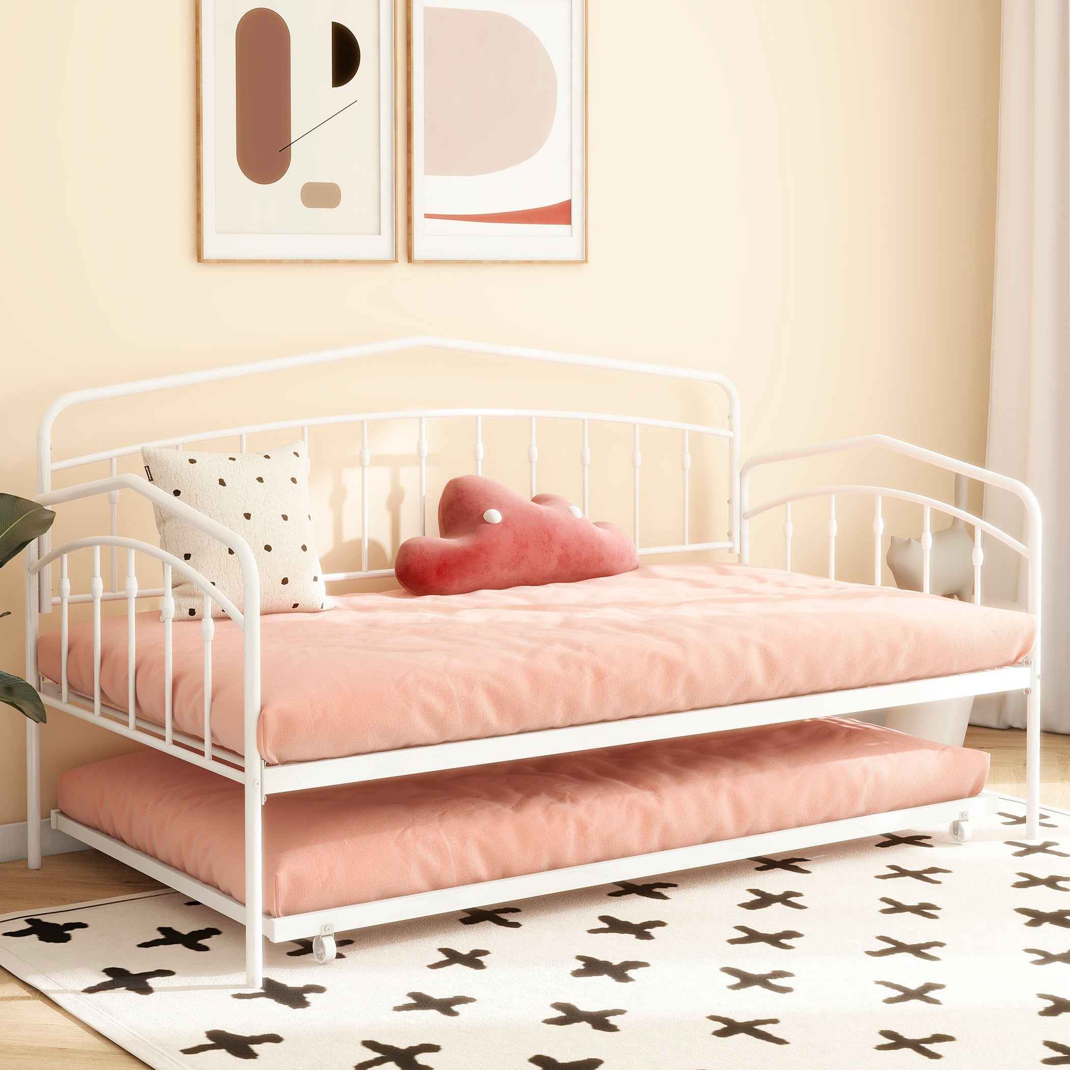 Fox Twin Metal Daybed with Trundle Bed Frame Set, Easy Assembly, Space Saving, Heavy Duty Metal Slat Support, Sofa Bed for Living Room, Bedroom, Guest Room, Kids Room, White