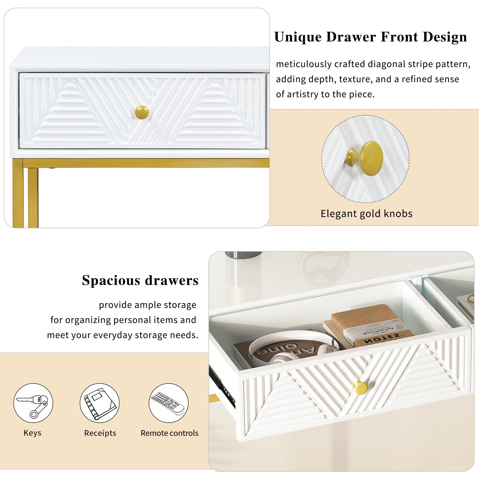 TREXM Modern Sleek Console Table Two Drawers with Stripe Design for Living Room and Entryway (White)