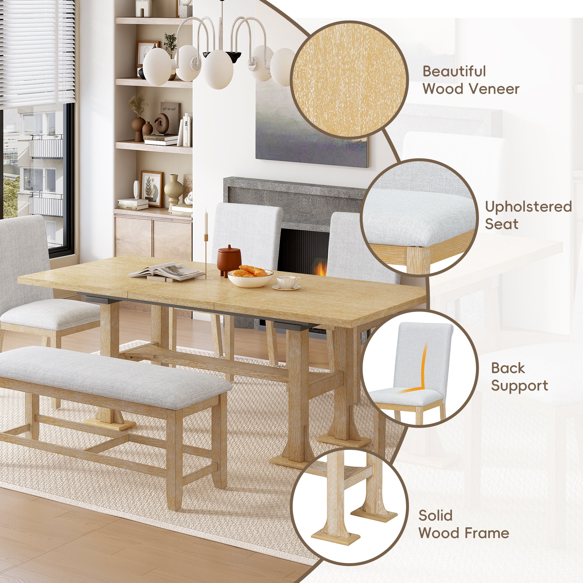 TOPMAX Farmhouse 76inch 6-Piece Extendable Dining Table Set Trestle Kitchen Table Set with 18inch Removable Leaf and Upholstered Dining Chair and Bench for Dining Room, Natural