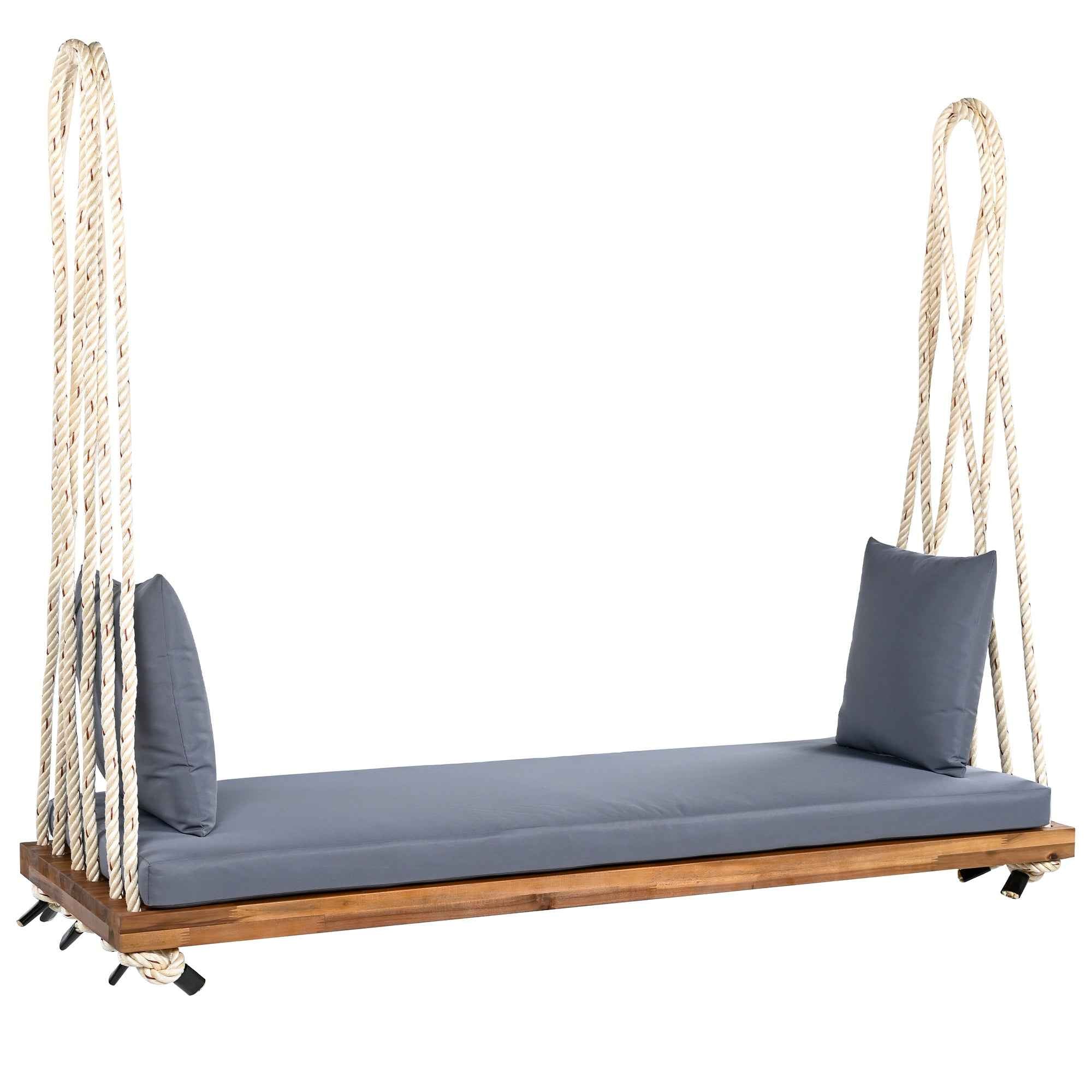 TOPMAX Patio Wooden Swing Chair, Hanging Porch Swing Bench with Cushion&Pillows, 10.8Ft Hemp Ropes for Garden,Backyard, Lawn,Natural