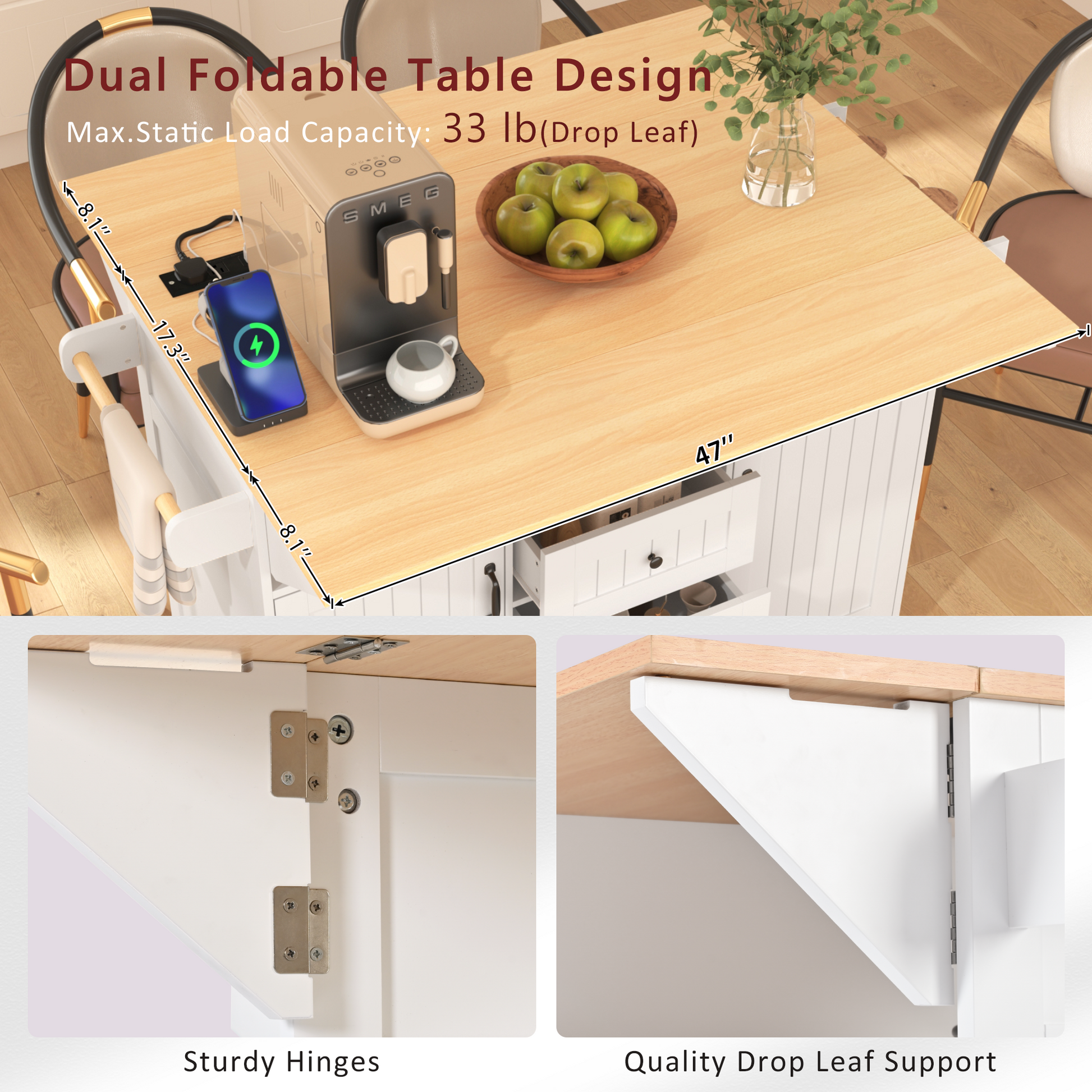K&K 55.7'' Large Kitchen Island with 2 Drop Leaf,, Rolling Kitchen Cart on 5 Wheels with Power Outlet, Folding Storage Dining Table with Spice & Towel Rack , 3 Drawers, for Kitchen, Dining Room,White