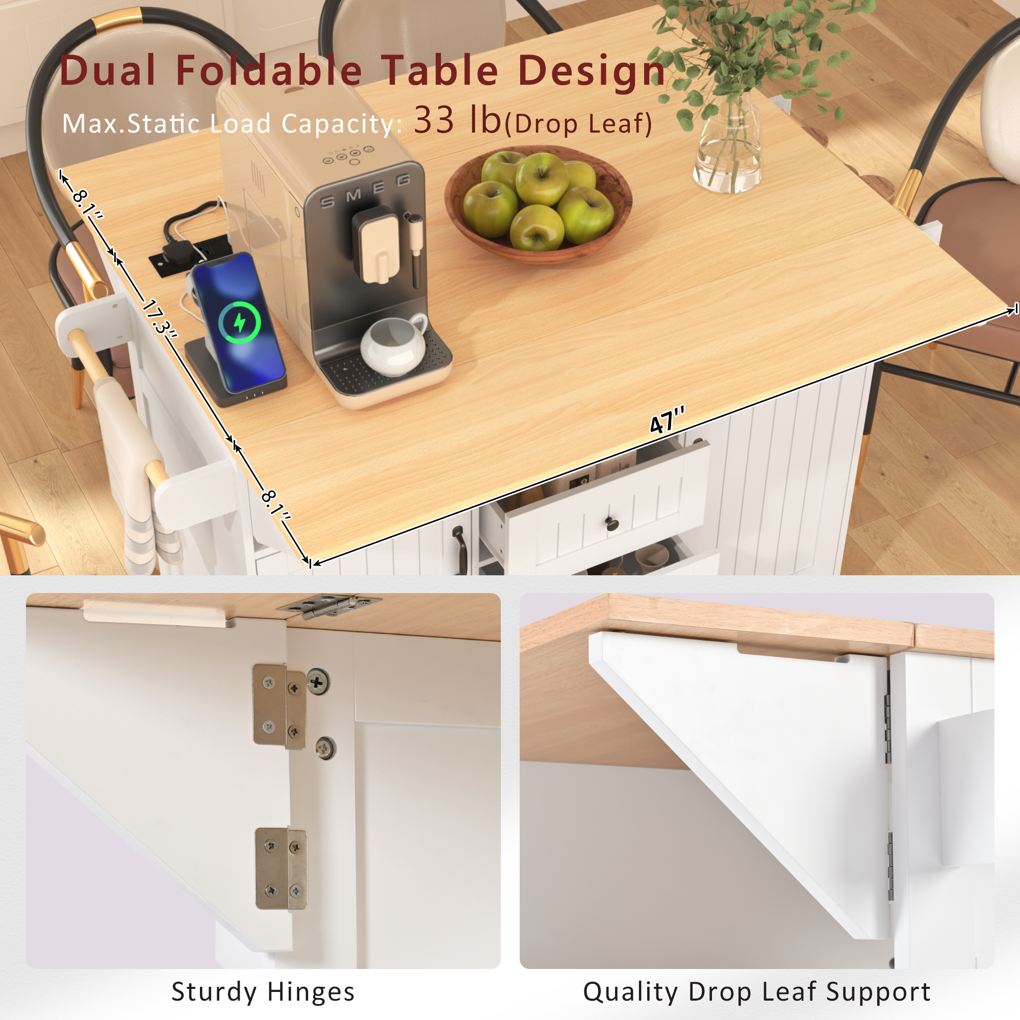 K&K 55.7'' Large Kitchen Island with 2 Drop Leaf,, Rolling Kitchen Cart on 5 Wheels with Power Outlet, Folding Storage Dining Table with Spice & Towel Rack , 3 Drawers, for Kitchen, Dining Room,White