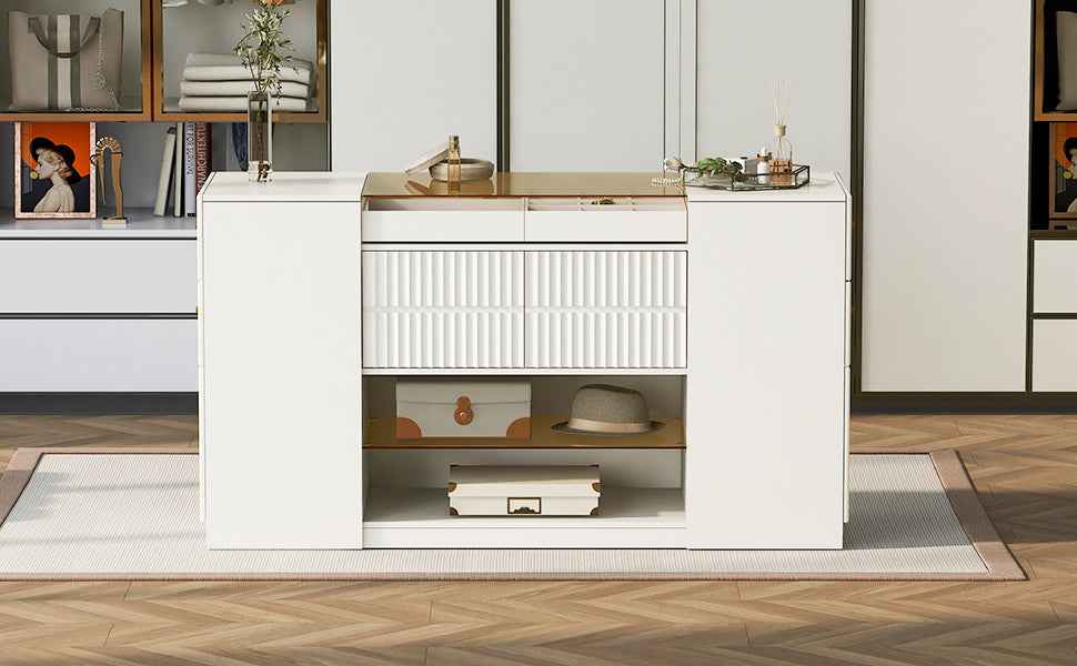 Modern Luxury Multi-Functional Island Vanity Dresser and Storage Cabinet with Glass Tabletop, Display Shelf, 6 Drawers, Cream White MDF