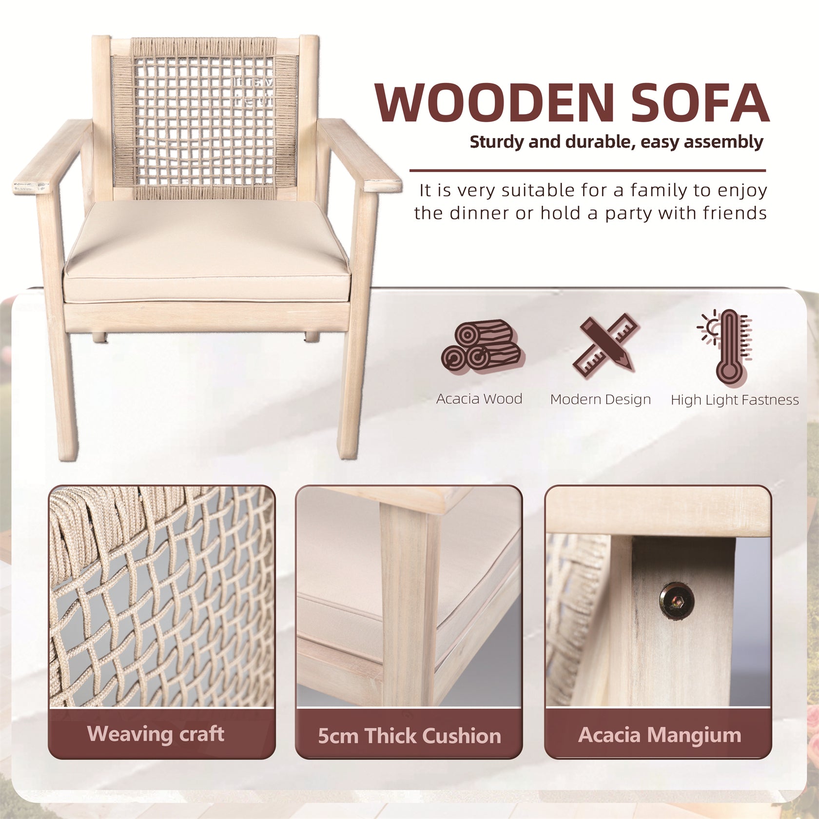 Comfort Outdoor Seating Set – Acacia Wood Frame with Rope Design & Cushions(PAC-2523) - Abrihome
