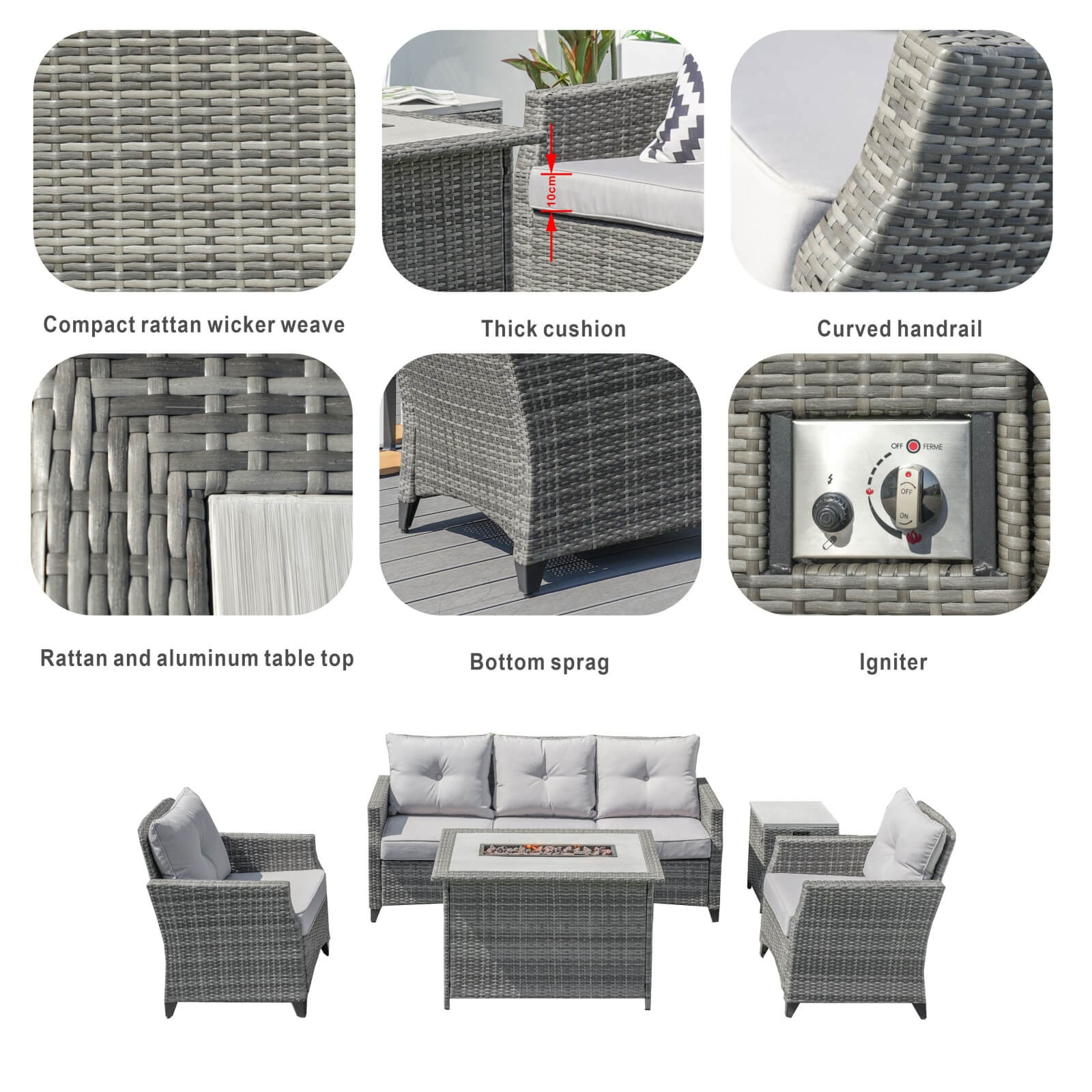 5-Piece Outdoor Fire Pit Patio Set with Gray Sofas and Fire Pit Table(PAF-1802P) - Abrihome