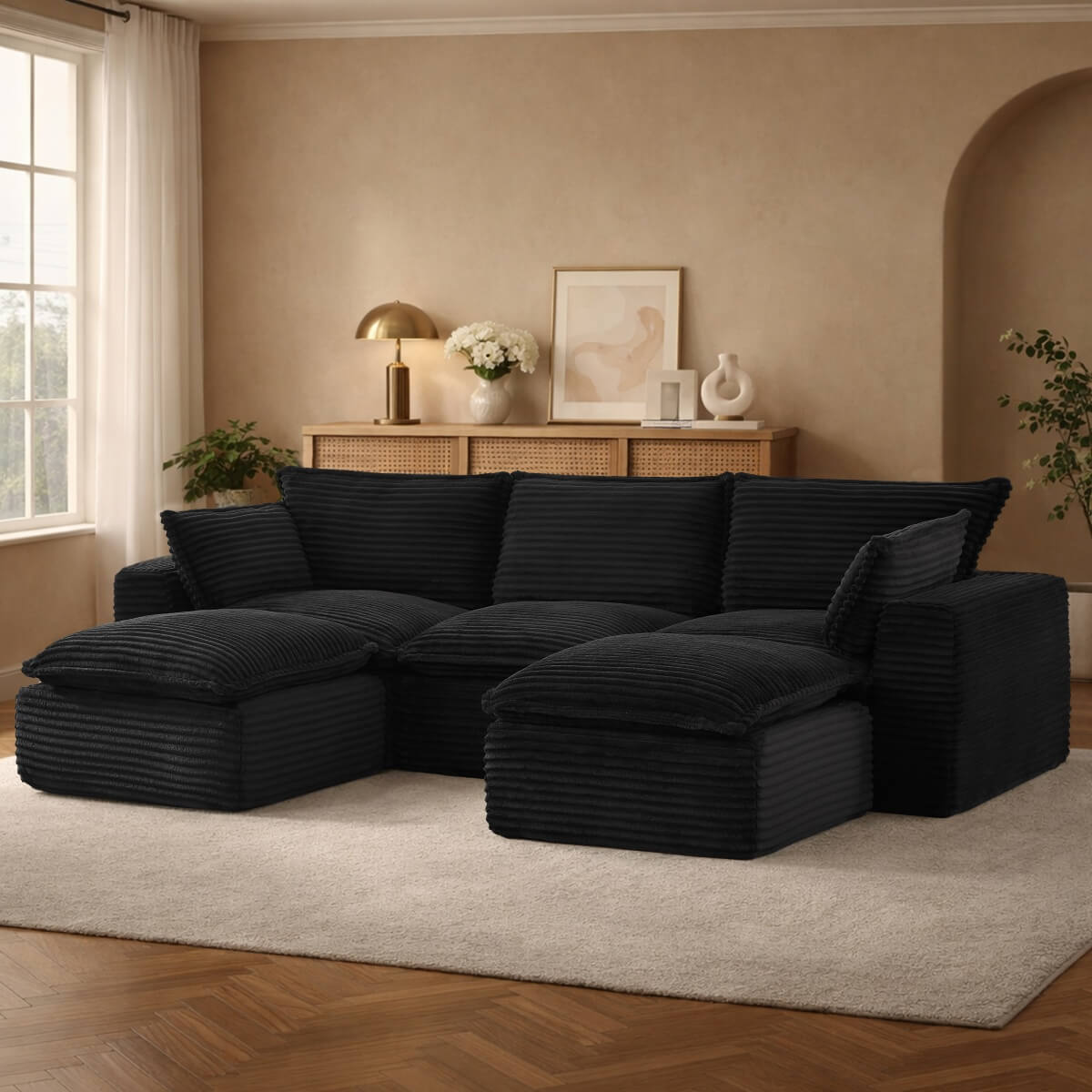3-5 Seat Convertible Sofa Bed - Compression Modular Couch with 2 Ottomans, Transforming Sofa & Bed for Living Room, Apartment & Small Spaces