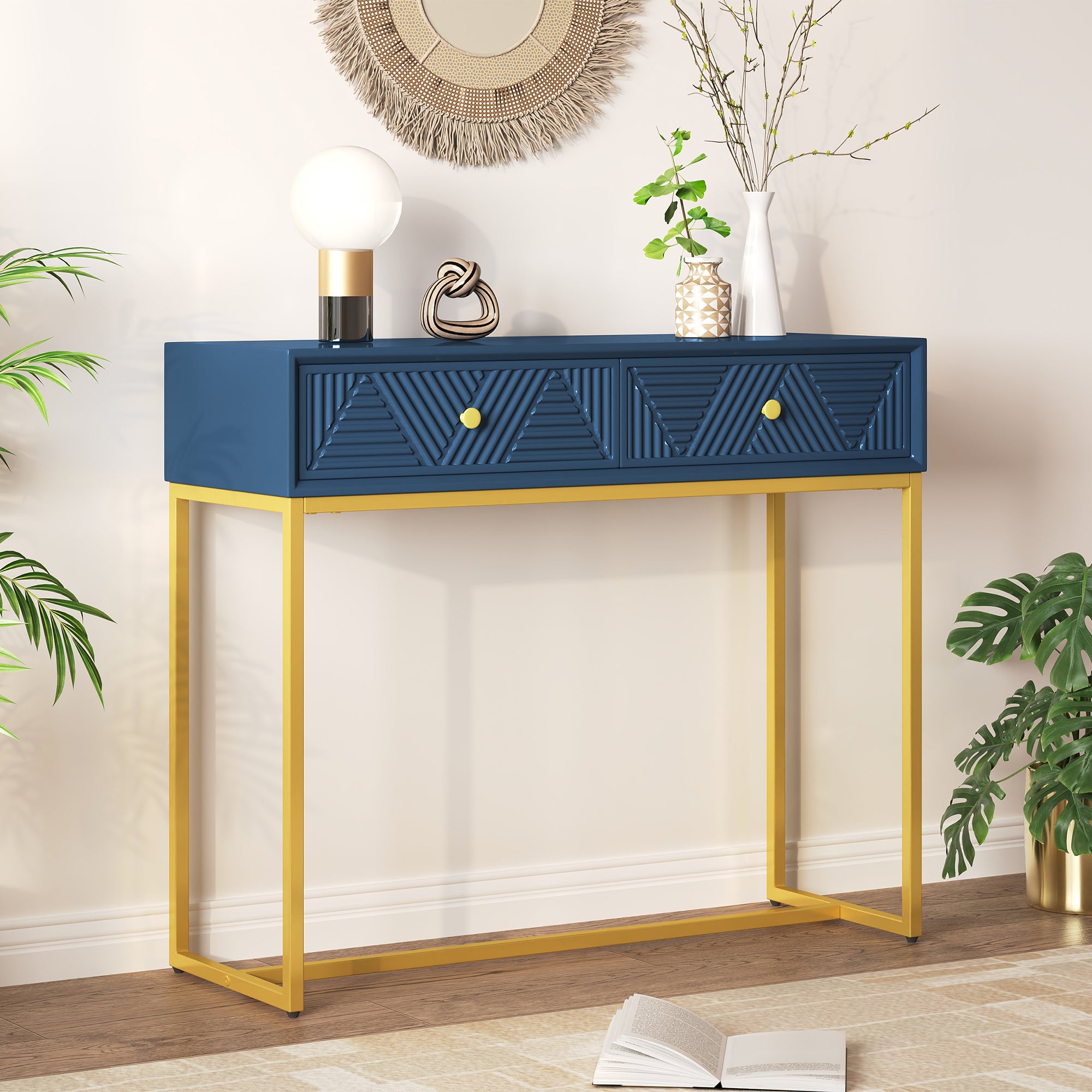 TREXM Modern Sleek Console Table Two Drawers with Stripe Design for Living Room and Entryway (Navy)