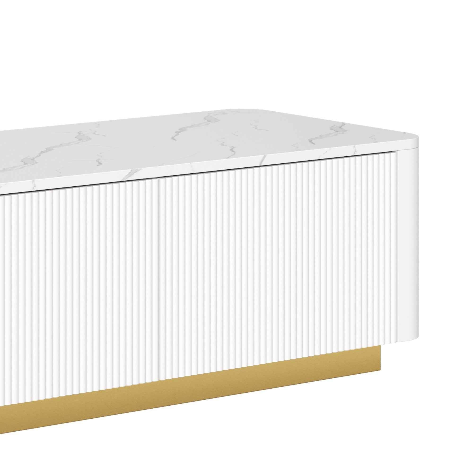ON-TREND Luxury Fluted TV Stand for TVs Up to 85', Faux Marble Tabletop Media Console with 4 Drawers, Curved Profile Design, Modern Entertainment Center with Gold Base for Living Room, White