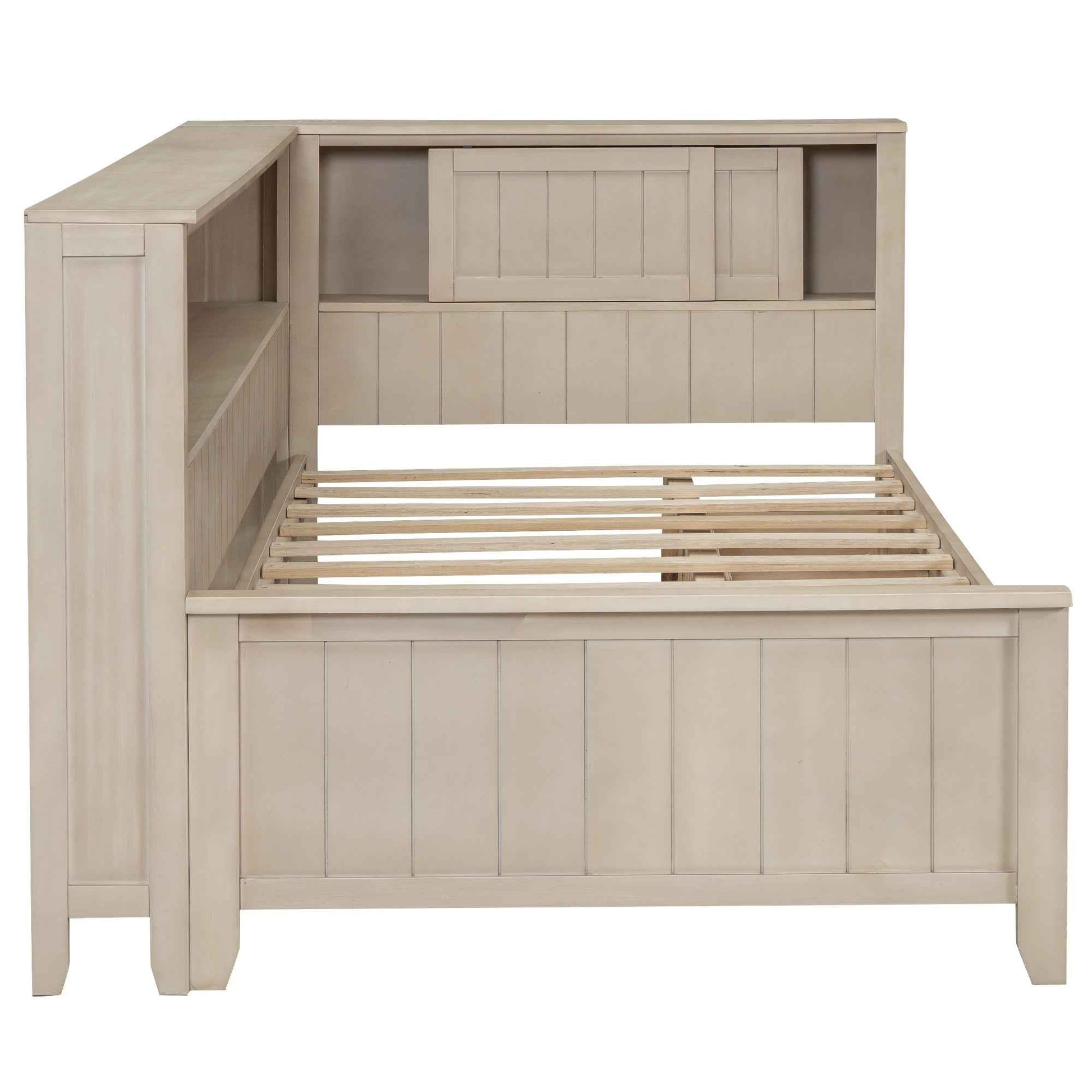 Twin Size Wood Daybed with Storage Shelves and 3 Drawers in Antique White Milk Finish, Solid Pine Wood and MDF