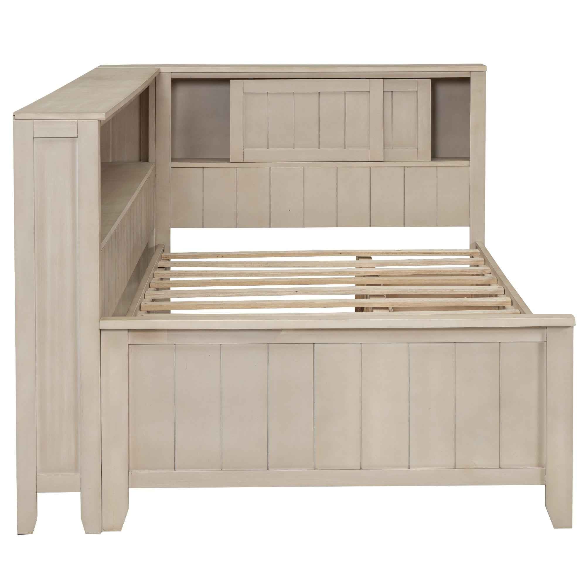 Twin Size Wood Daybed with Storage Shelves and 3 Drawers in Antique White Milk Finish, Solid Pine Wood and MDF