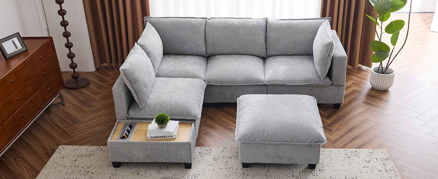 Modular 90' U-shaped Sectional Sofa with Movable Ottoman and Hidden Charging Coffee Table, Grey, Chenille