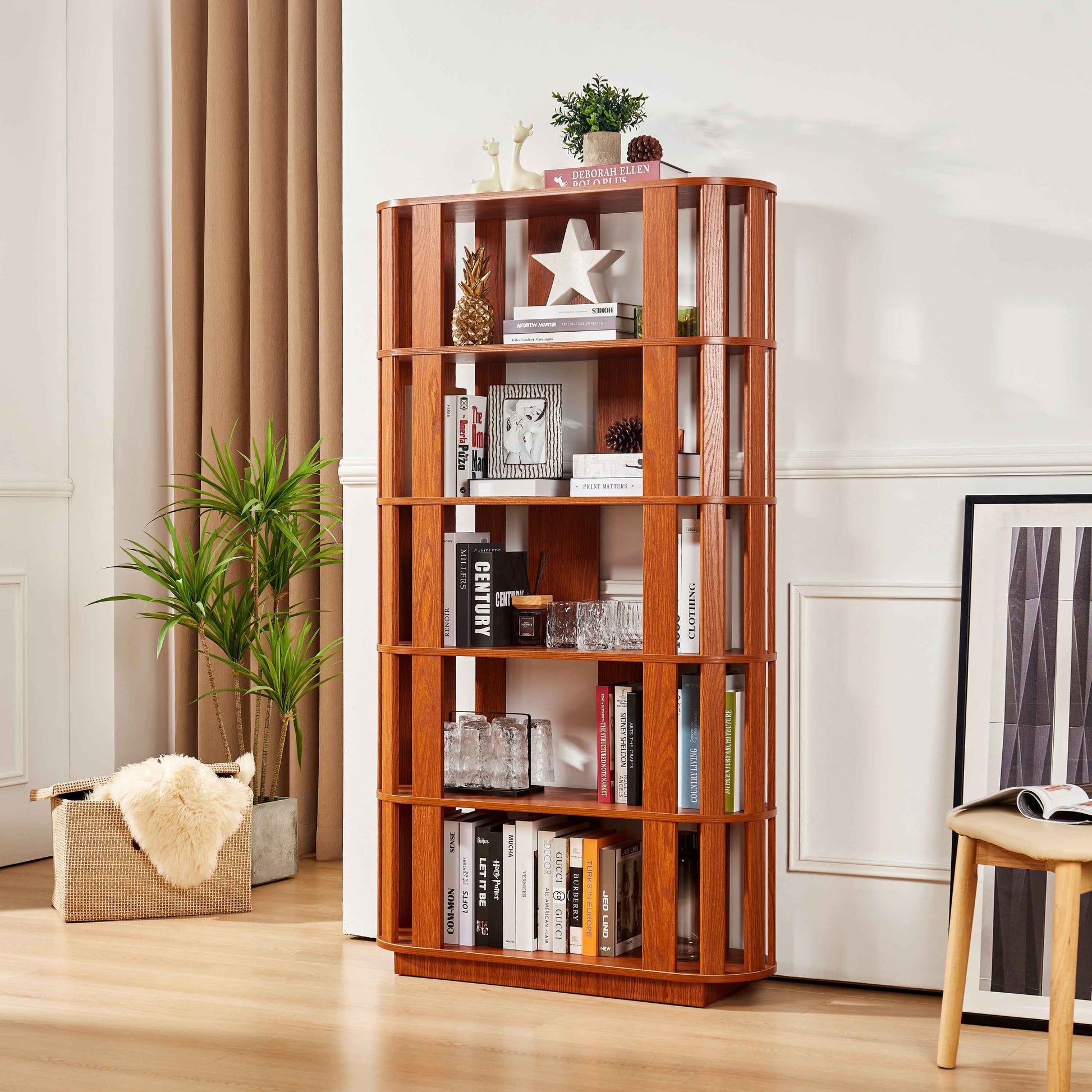 Wooden Oval Open Bookshelf, MDF Grid Frame Freestanding Bookcase, 5-Tier Easy Assembly Storage Display Rack for Living Room Home Office Decor, DIY Free Combination Storage Cabinet Study Room