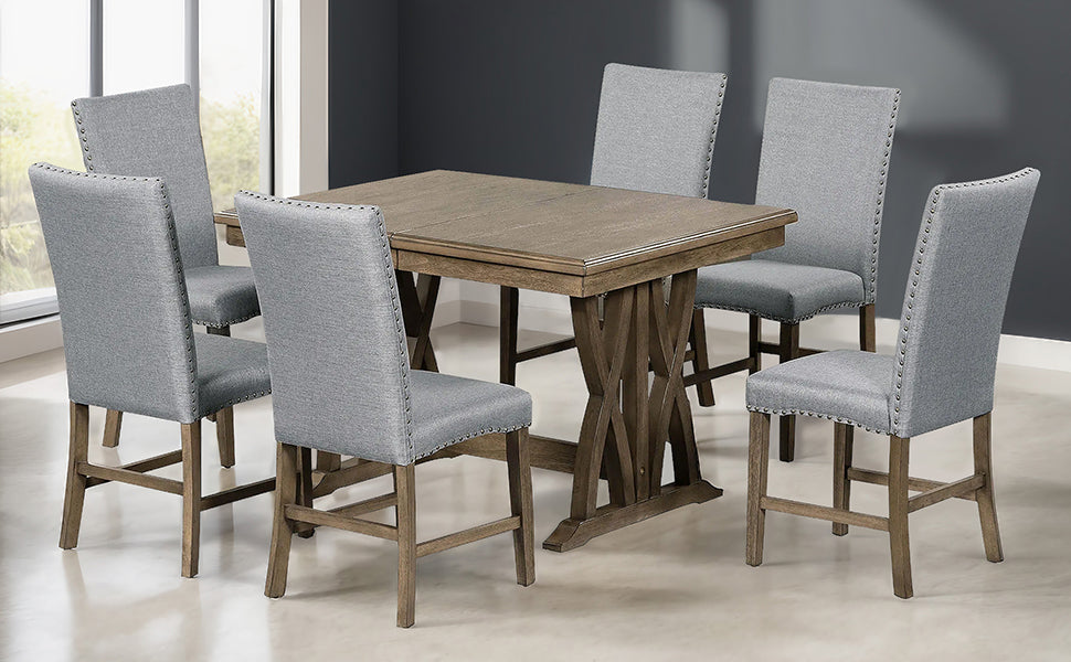 TOPMAX Mid-Century Solid Wood 7-Piece Dining Table Set Extendable Kitchen Table Set with Upholstered Chairs and 12" Leaf for 6, Golden Brown+Gray Cushion