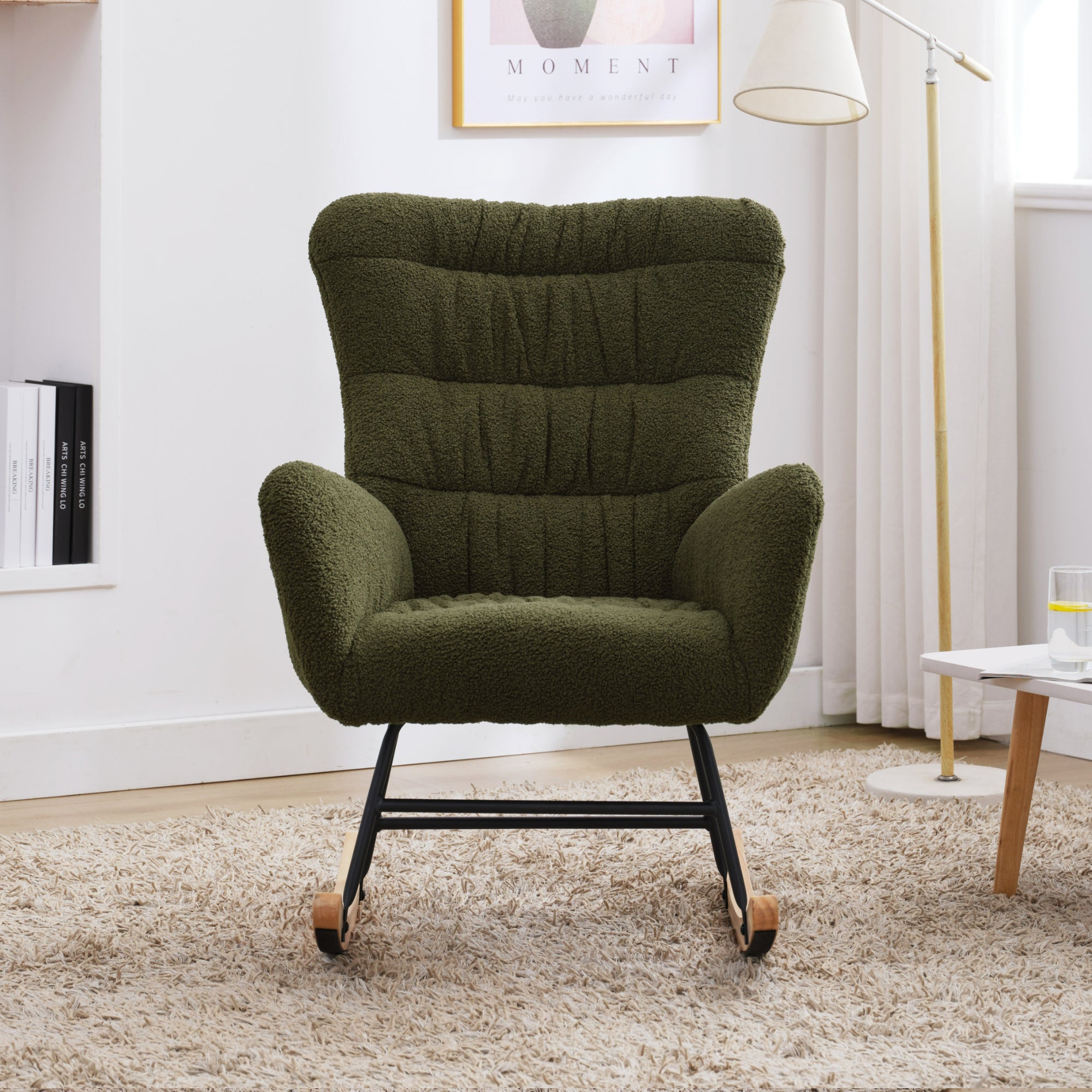 Nursery Rocking Chair, Teddy Upholstered Glider Rocker, Rocking Accent Chair with High Backrest, Comfy Rocking Accent Armchair for Living Room, Bedroom, Offices, DARK GREEN