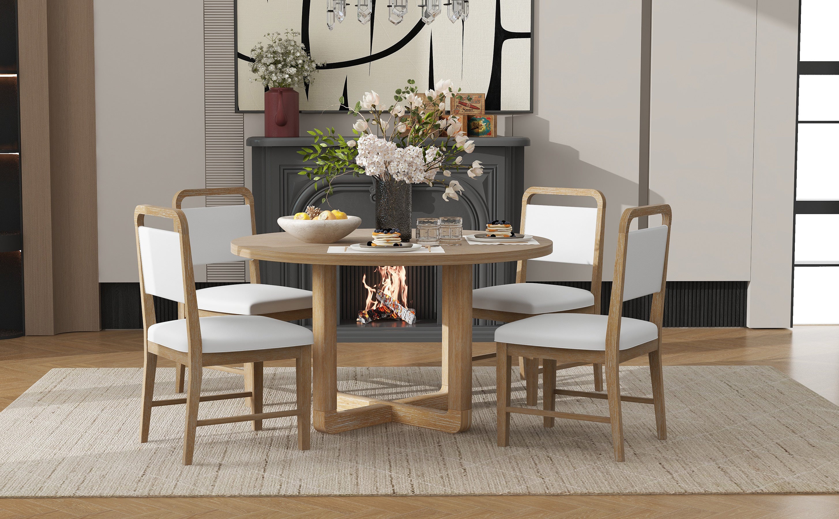 TREXM 5-Piece Retro Dining Set, Round Table Top with Radial Wood Grain Design and 4 Upholstered Chairs for Dining Room and Kitchen (Natural Wood Wash)