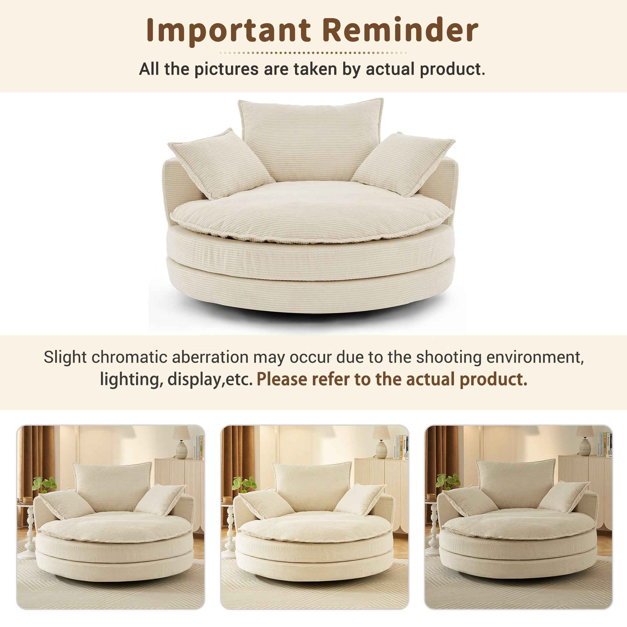 Accent Barrel Chair 360° Swivel Sofa Chair with Dual-layer Cushion and 3 Removable Pillows, Beige Corduroy, 57.5'