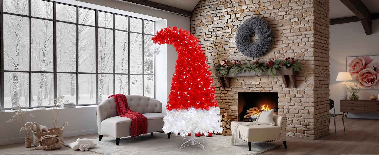 6FT Artificial Christmas Tree with LED Light, Santa's Hat Shape Artificial Whimsical Xmas Tree with 1050 Tip, Curved Xmax Tree