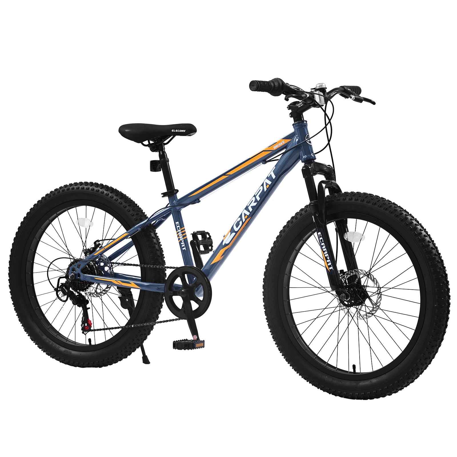 S24109 Elecony 24 Inch Fat Tire Bike Adult/Youth Full Shimano 7 Speeds Mountain Bike, Dual Disc Brake, High-Carbon Steel Frame, Front Suspension, Mountain Trail Bike, Urban Commuter City Bicycle