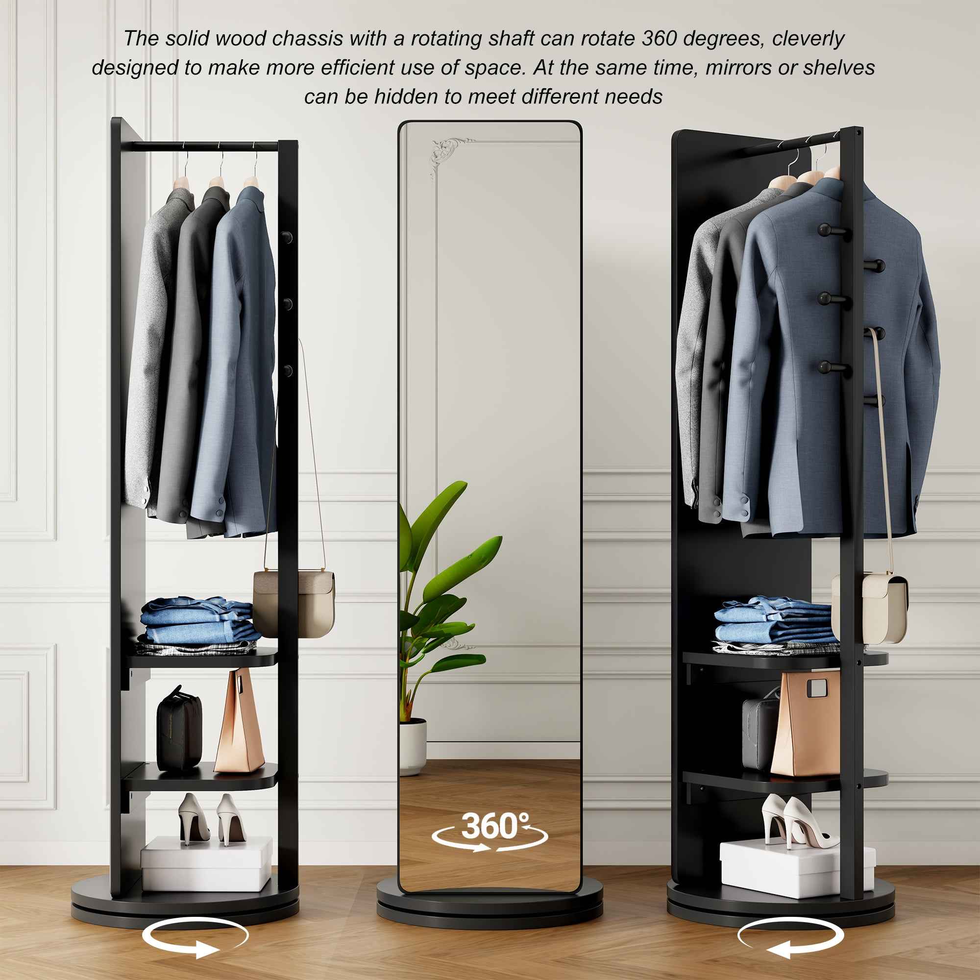360° Rotating 69'x20' Multifunctional Full Length Mirror with Hook Storage Rack Coat Rack with Mirror Solid Wood Floor Mirror Bedroom Living Room Cloakroom Space Saving (black)