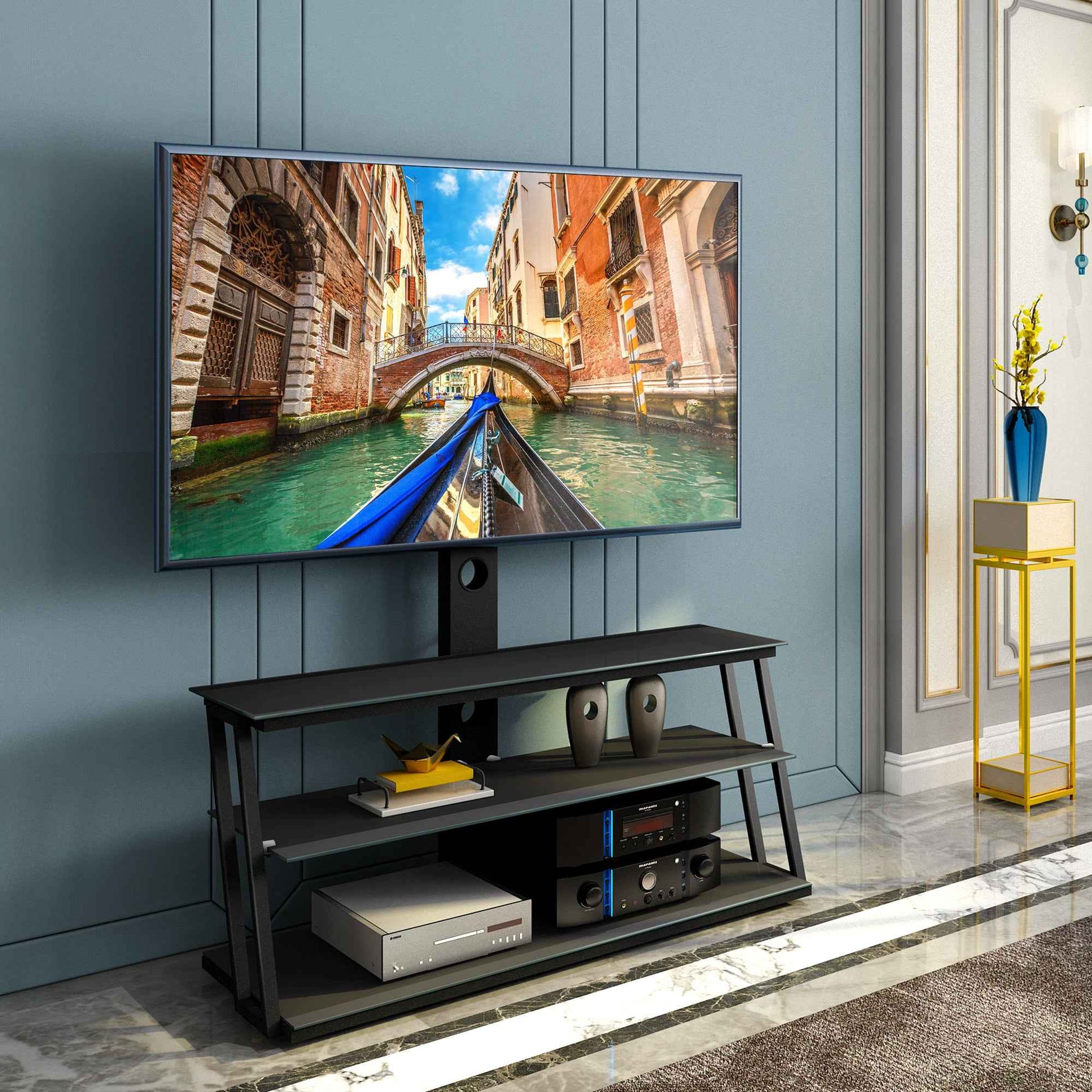 Multi-Function Adjustable TV Stand Black Tempered Glass