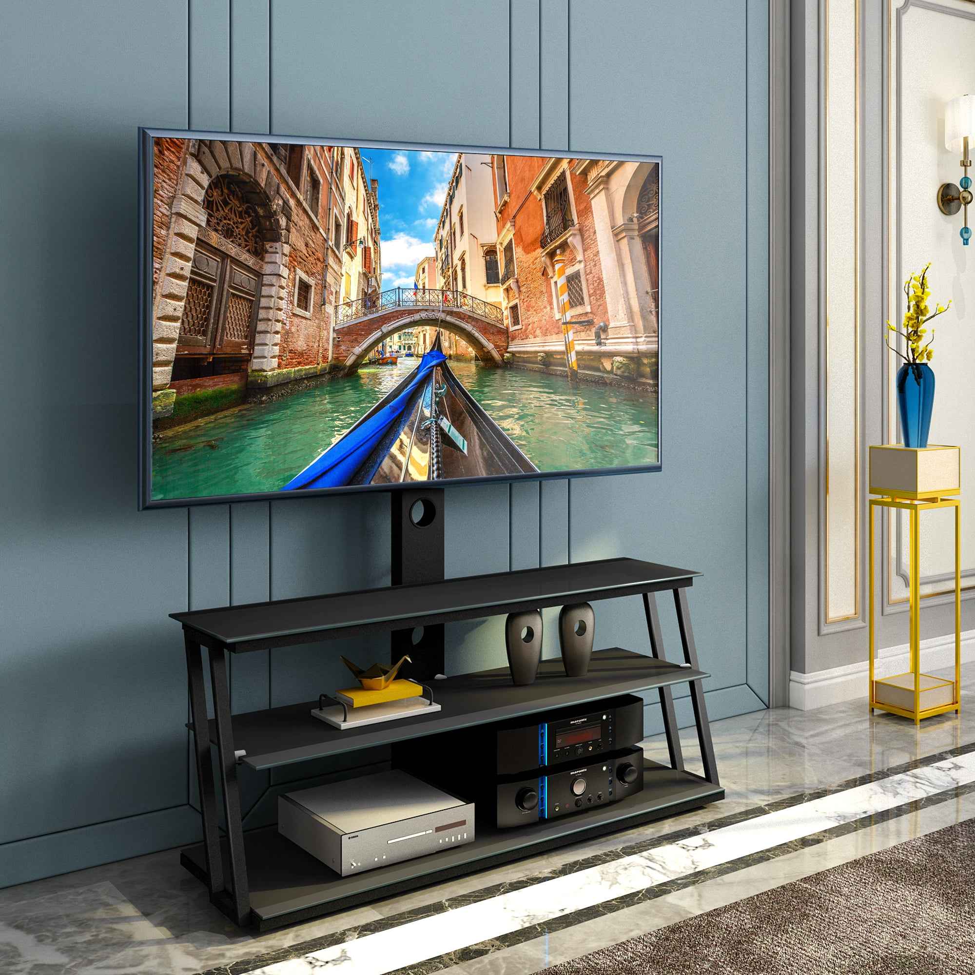 Multi-Function Adjustable TV Stand Black Tempered Glass