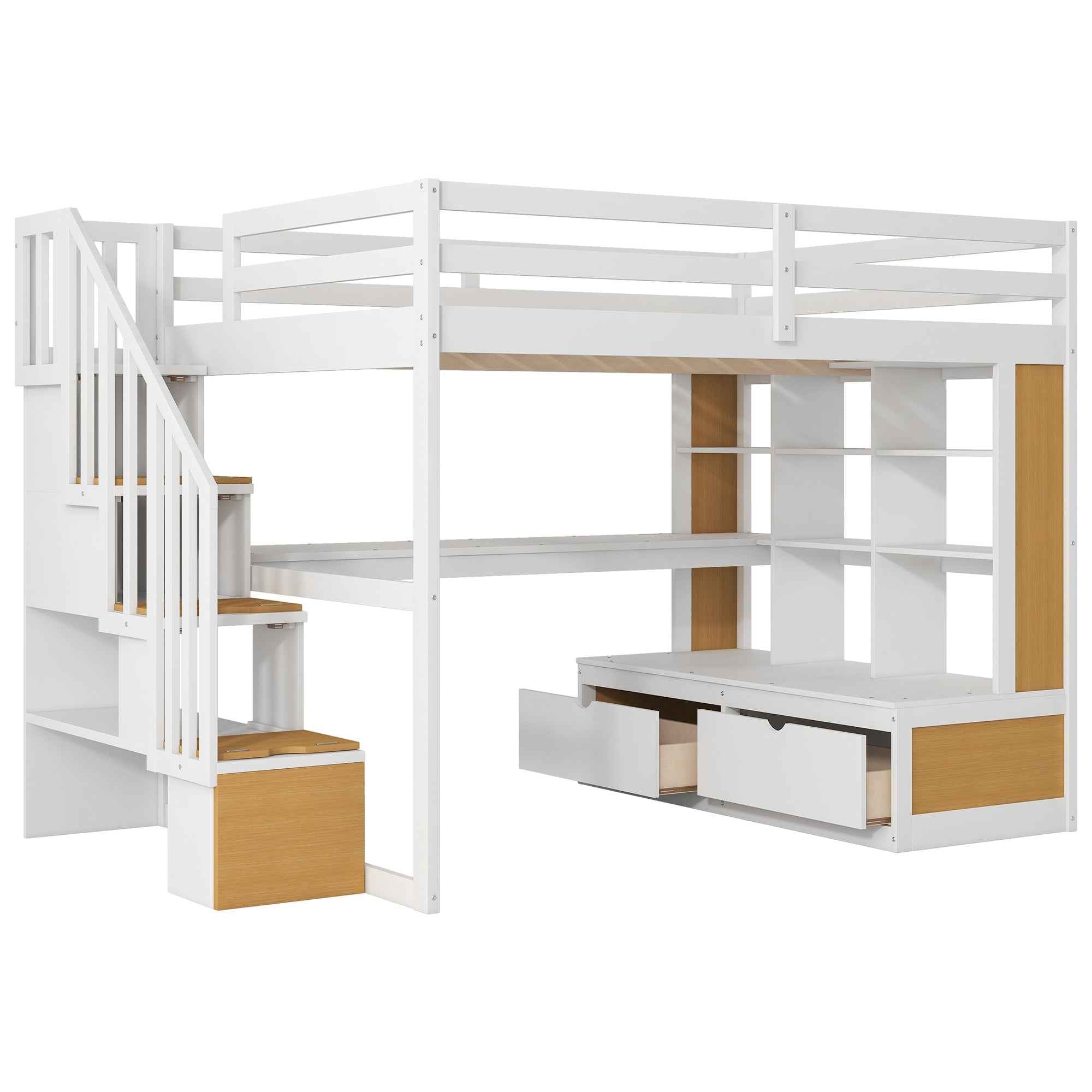 Full Size Loft Bed with Desk and Shelves, Two Built-in Drawers, Storage Staircase in White and Natural Finish, Solid Pine Wood and MDF Construction