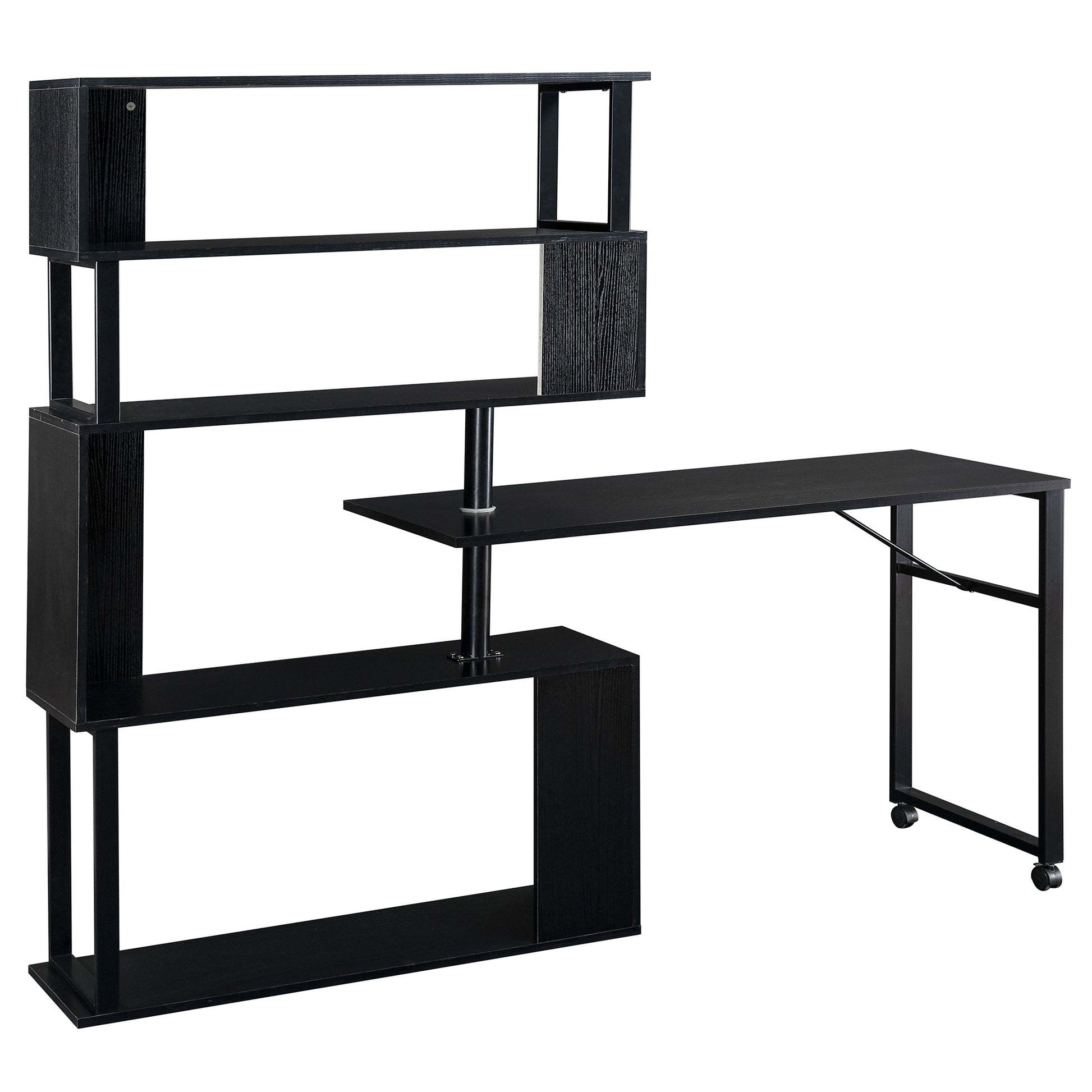 Home Office Computer Desk L-Shaped Corner Table, Rotating Computer Table with 5-Tier Bookshelf, Four Installation Methods, Lockable Casters (Black) - Abrihome
