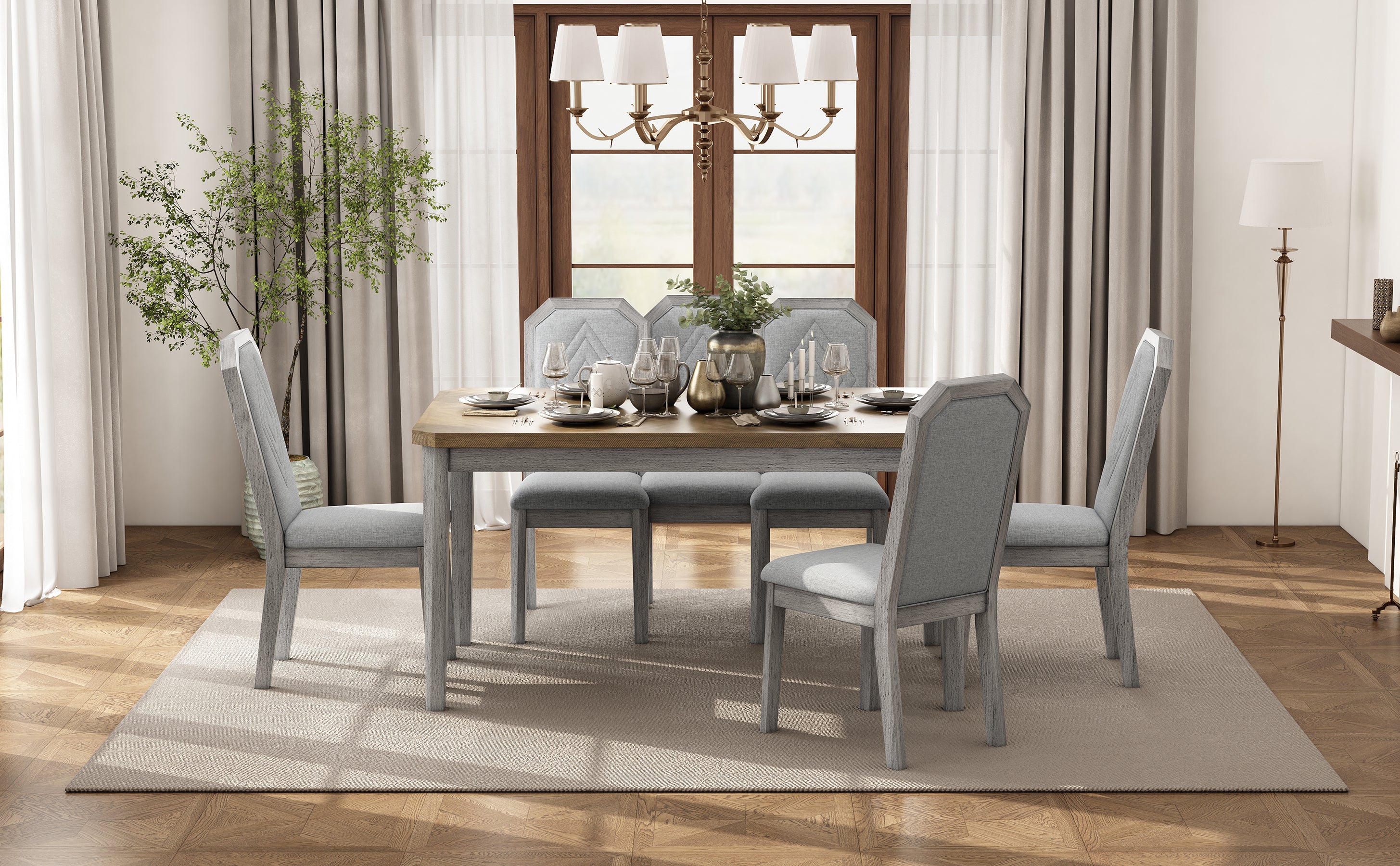 TREXM 7-Piece Farmhouse Dining Set Classic Rustic Table and 6 high-back design Chairs for Dining Room, Kitchen (Brown+Gray)