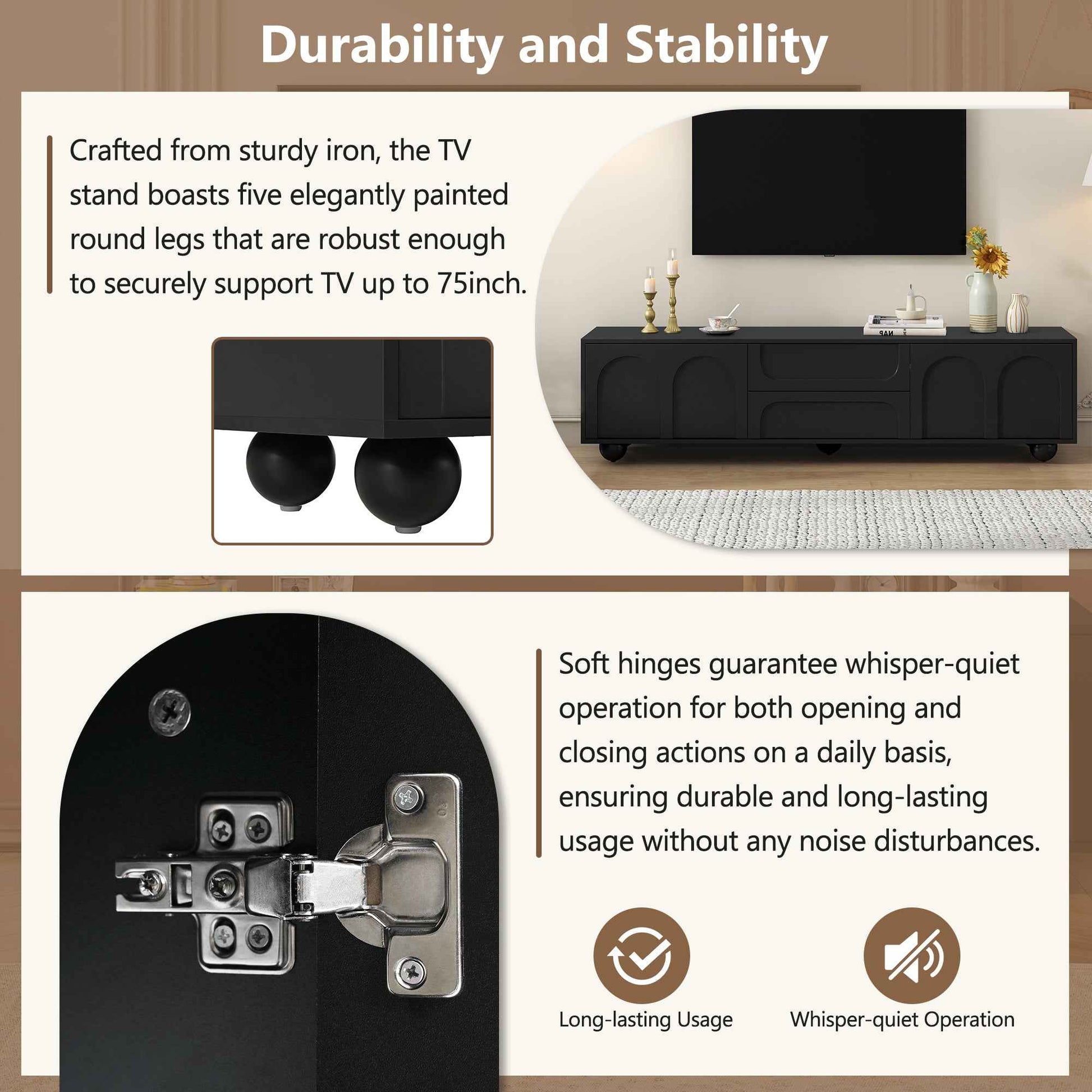 ON-TREND Cream Style TV Stand with Arched Doors & 2 Drawers for TVs up to 75', Minimalist Media Console with Rebound Device, Entertainment Center with 5 Iron Round Legs for Living Room, Bedroom, Black