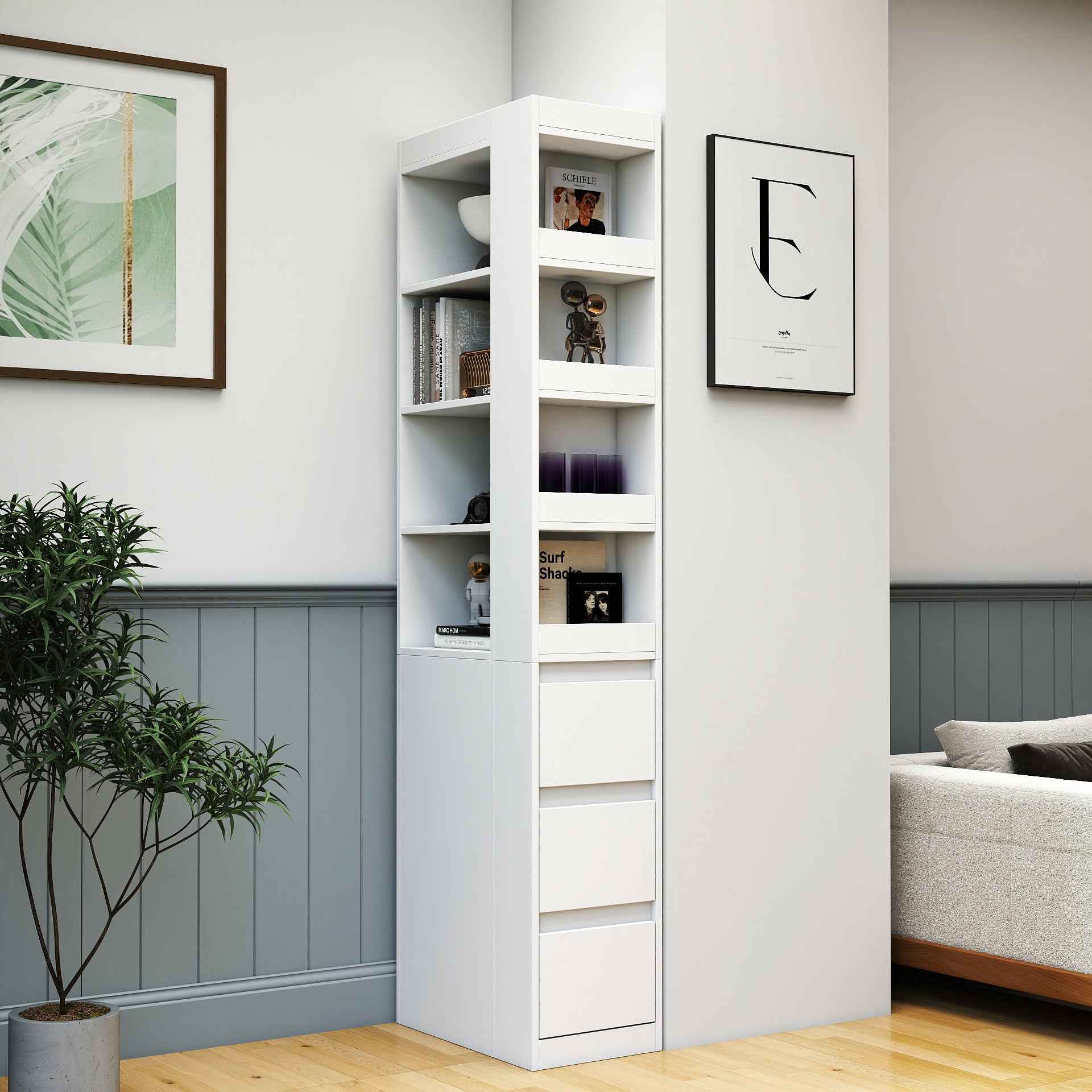 70.87' H Display Storage  Cabinet , 4-Tier Shelf, 3 Side Drawers & 4 small display shelves , Modern Wooden Tall Bookshelf Bookcase for Living Room Home Office