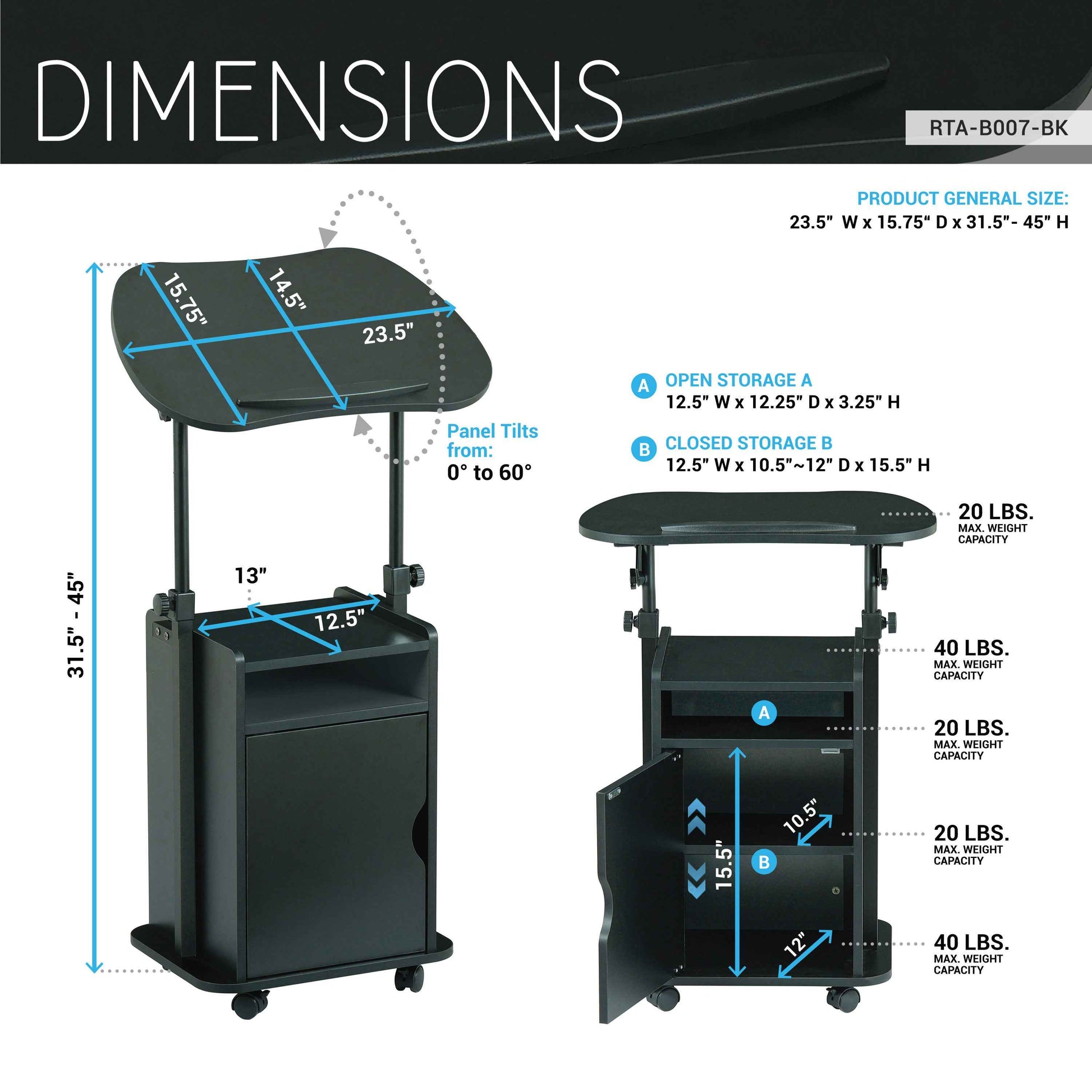 Techni Mobili Sit-to-Stand Rolling Adjustable Laptop Cart With Storage, Black