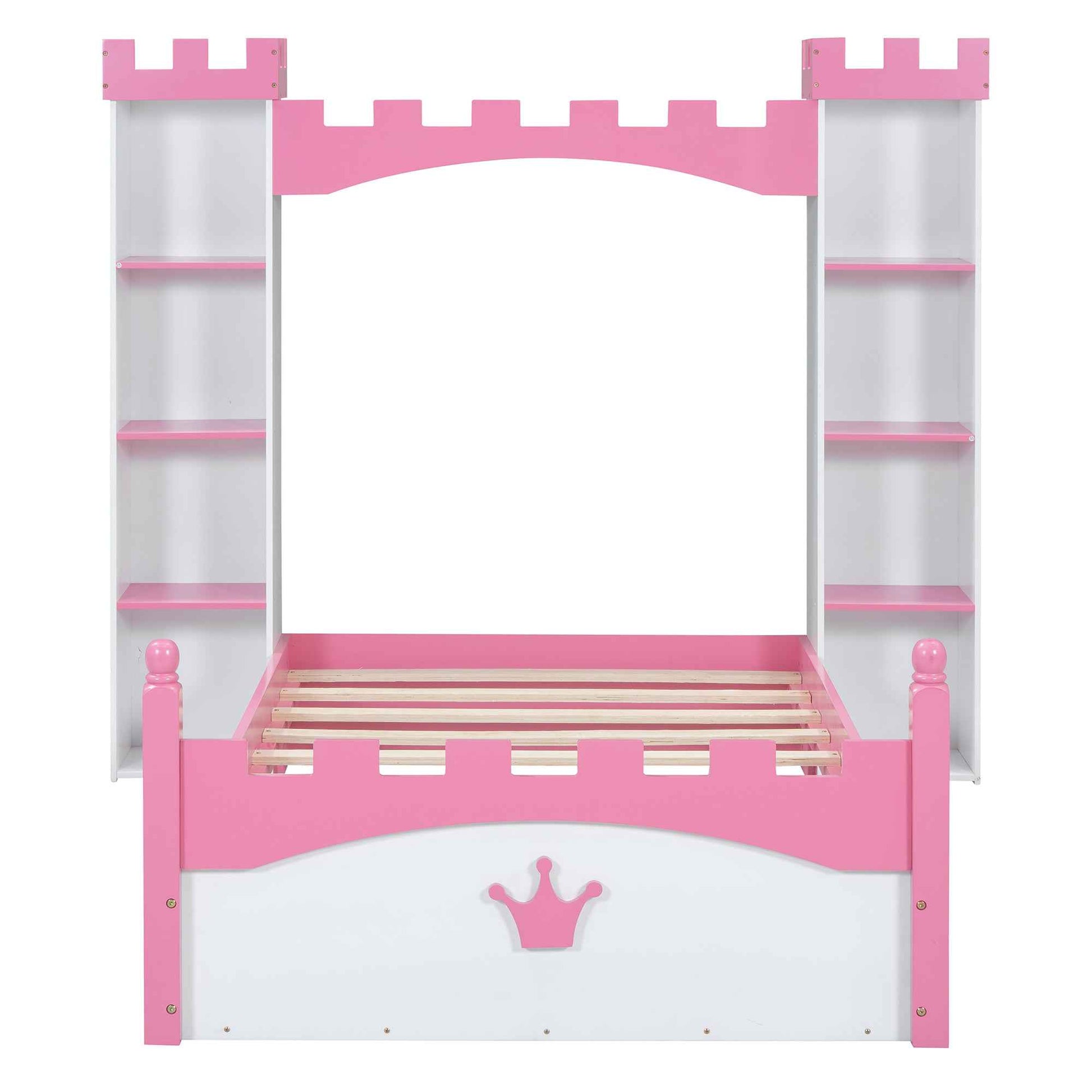 Castle-Shaped Wooden Bed with Storage Shelf, Dreamy Twin Size Platform Bed for Kids Bedroom, White + Pink(Expected Arrival Time:8.14)