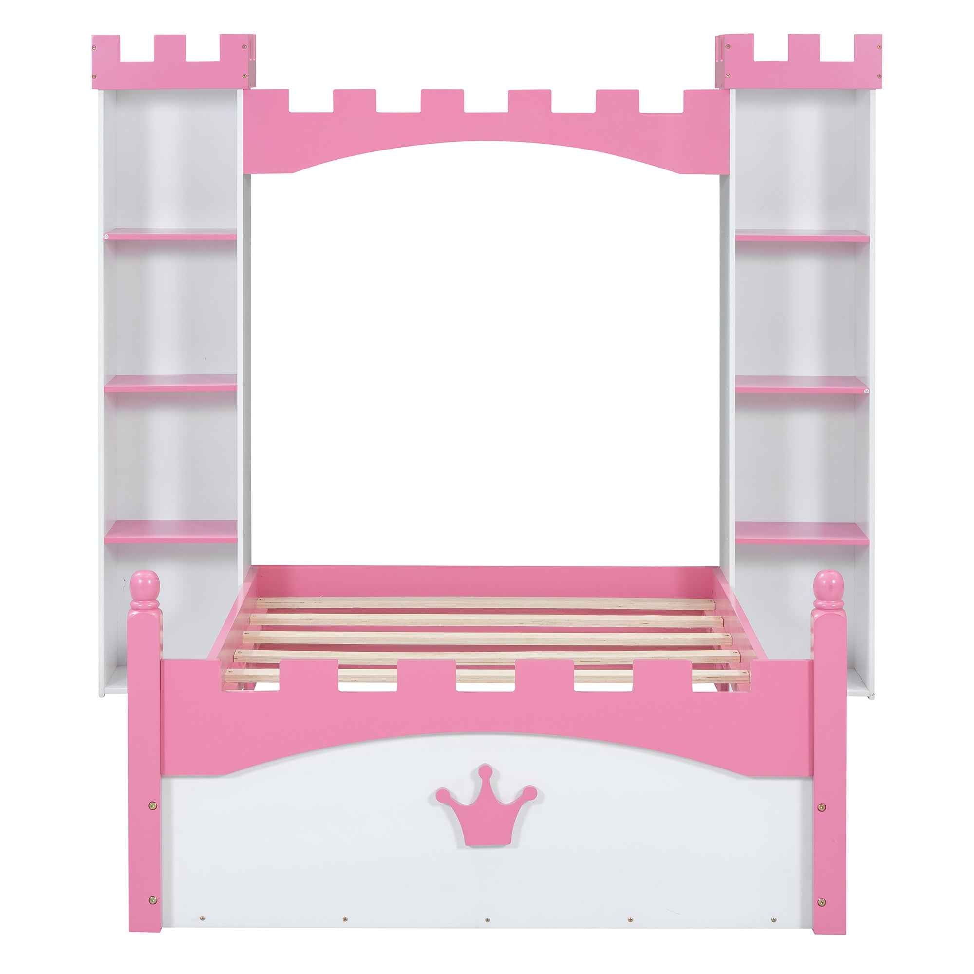 Castle-Shaped Wooden Bed with Storage Shelf, Dreamy Twin Size Platform Bed for Kids Bedroom, White + Pink(Expected Arrival Time:8.14)