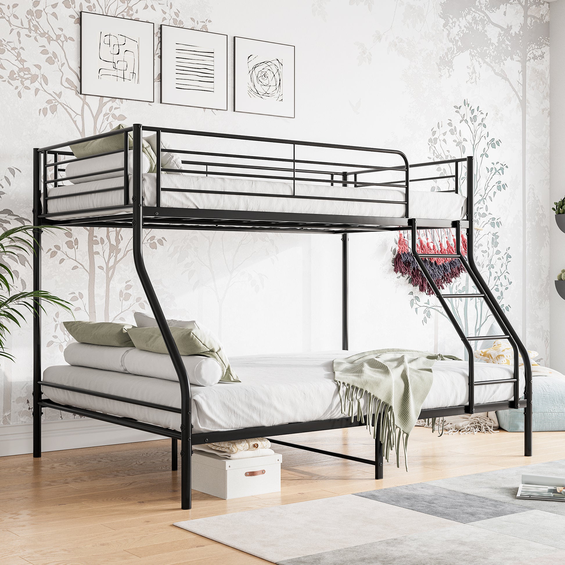 Heavy Duty Twin-Over-Full Metal Bunk Bed, Easy Assembly with Enhanced Upper-Level Guardrail, Black - Abrihome
