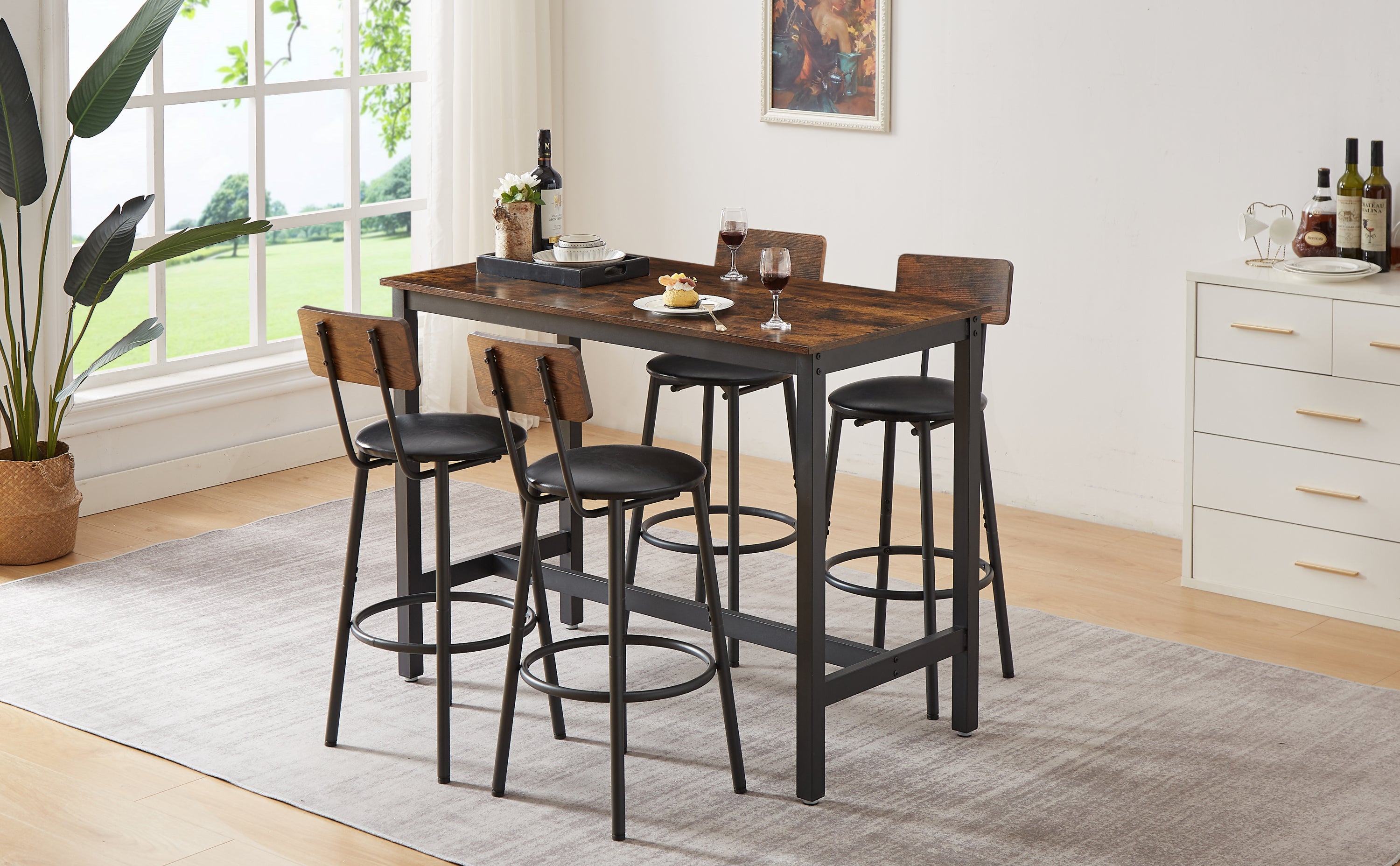 Bar Table Set with 4 Bar stools PU Soft seat with backrest, Rustic Brown, 47.24'' L x 23.62'' W x 35.43'' H