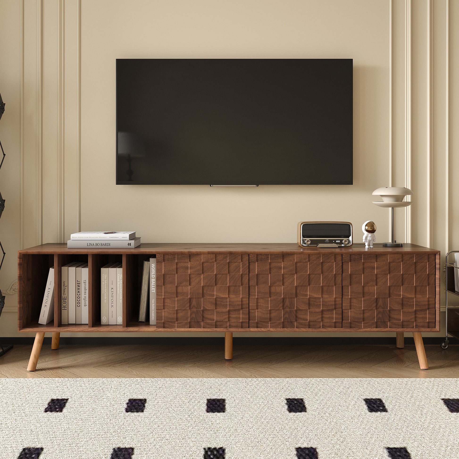 70' Mid-Century Modern TV Stand, Media Console Table for TVs up to 80'', Entertainment Center with 5 Solid Wood Legs for Living Room, Bedroom - Abrihome