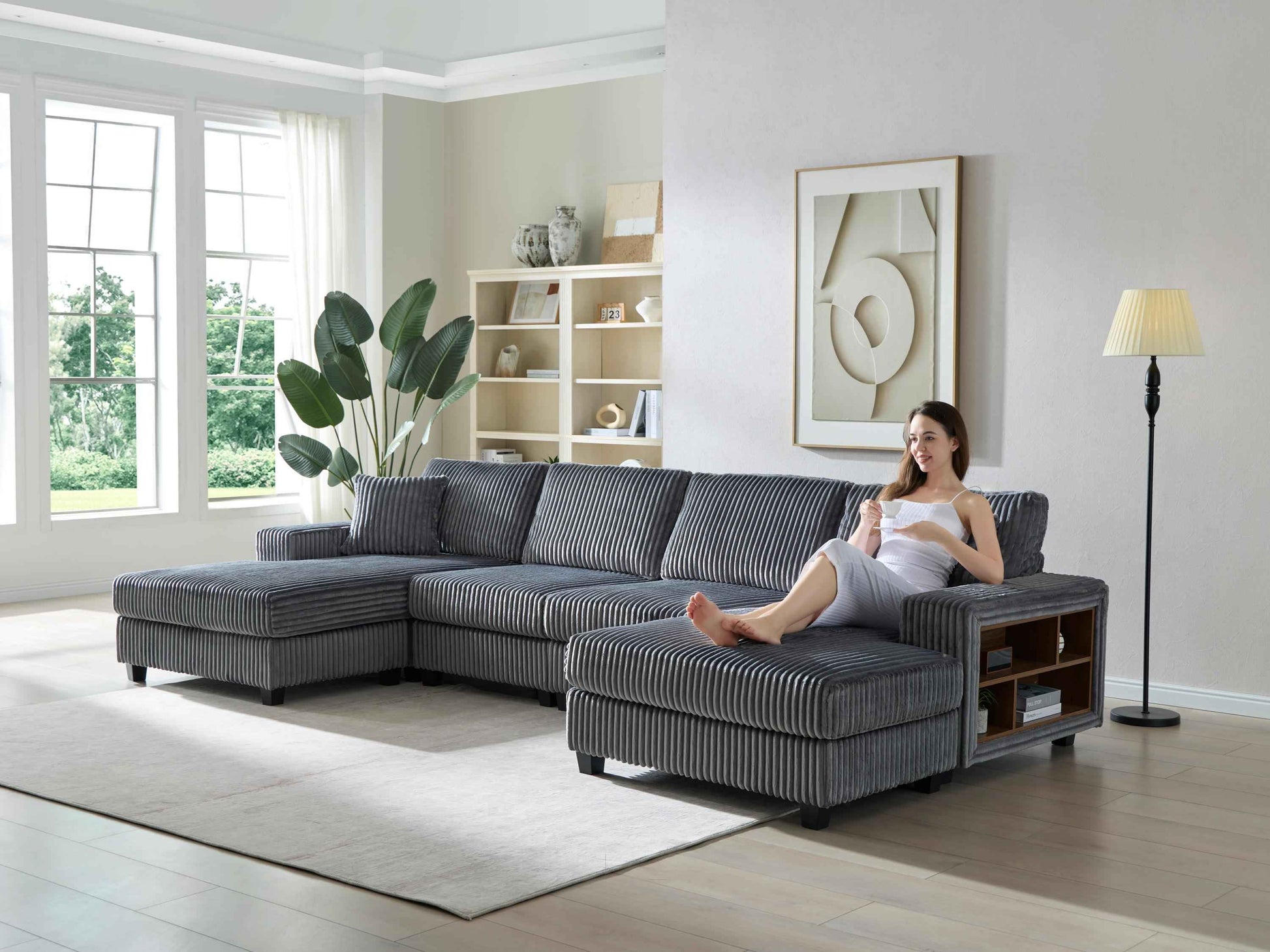 Convertible U-shaped Combination Sofa, Corduroy Fabric, Modern Comfortable Large Size 4 Seat Sofa, Living Room Double Lounge Chair , Dark Grey