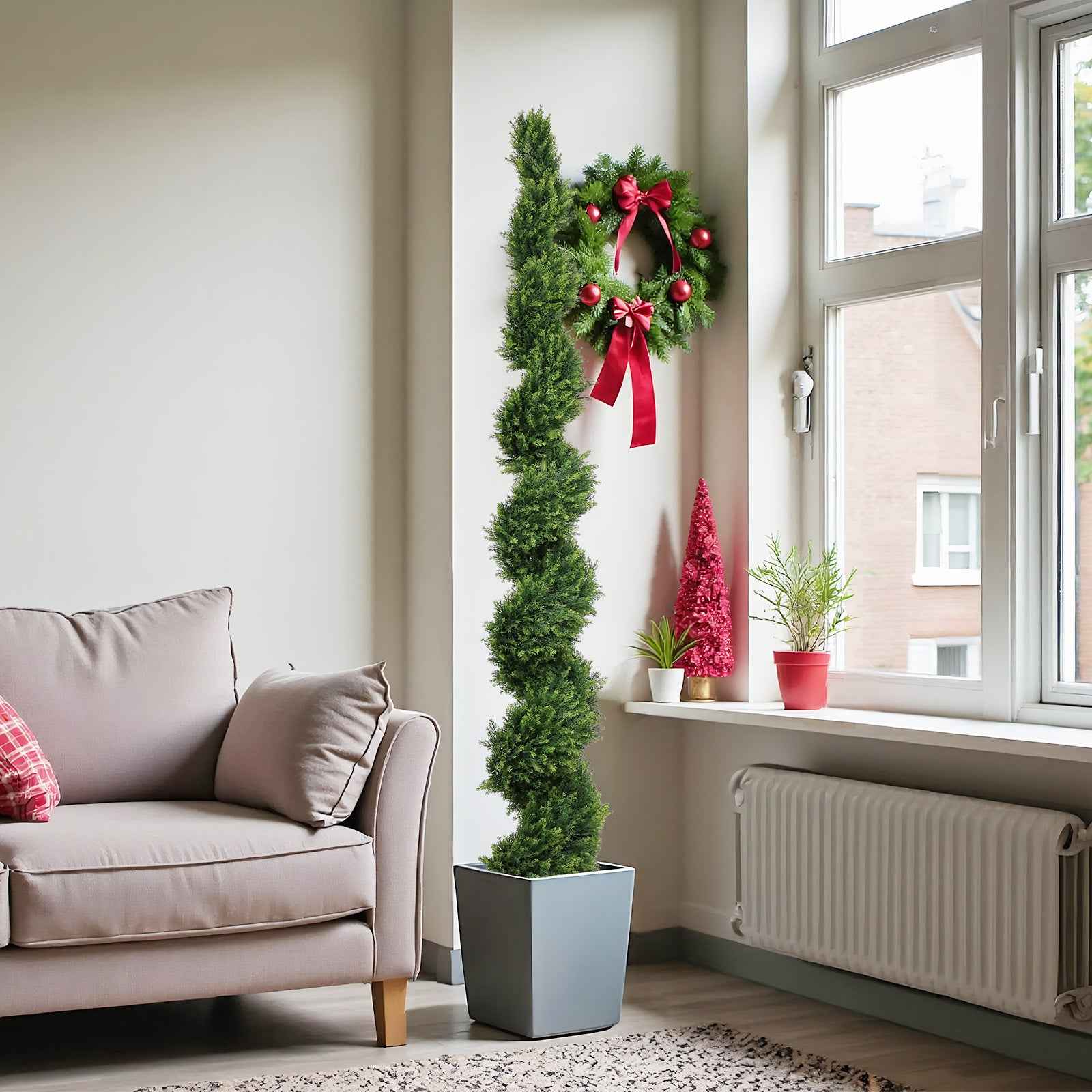 7FT Tall Artificial Two-Tone Cypress Pine Tree – Realistic Lifelike Faux Greenery with Natural Dual Color Leaves for Indoor Outdoor Home Office Decoration, Potted Fake Tree, 1pc/set