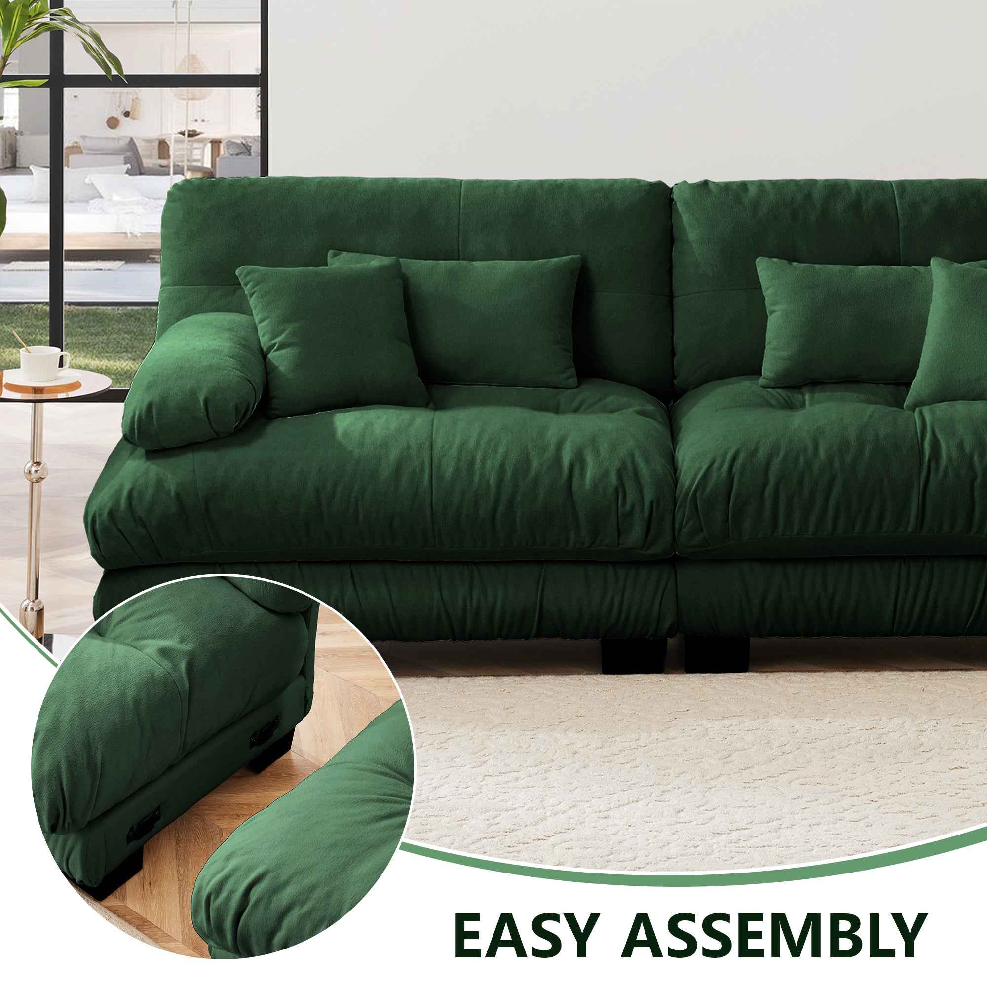 Cloud Couch 2 Seater Sofa for Living Room, Chenille 2 - Seat sofa with 2 Lumbar pillows and 2 throw pillows,Chenille Green