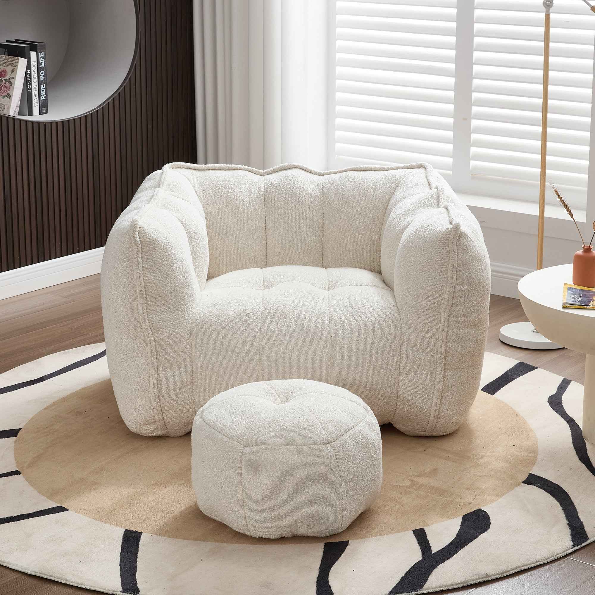 Soft Chenille Bean Bag Chair with High Resilient Foam for Living Room and Bedroom, Comfortable Square Lazy Sofa with Footstool for Adults