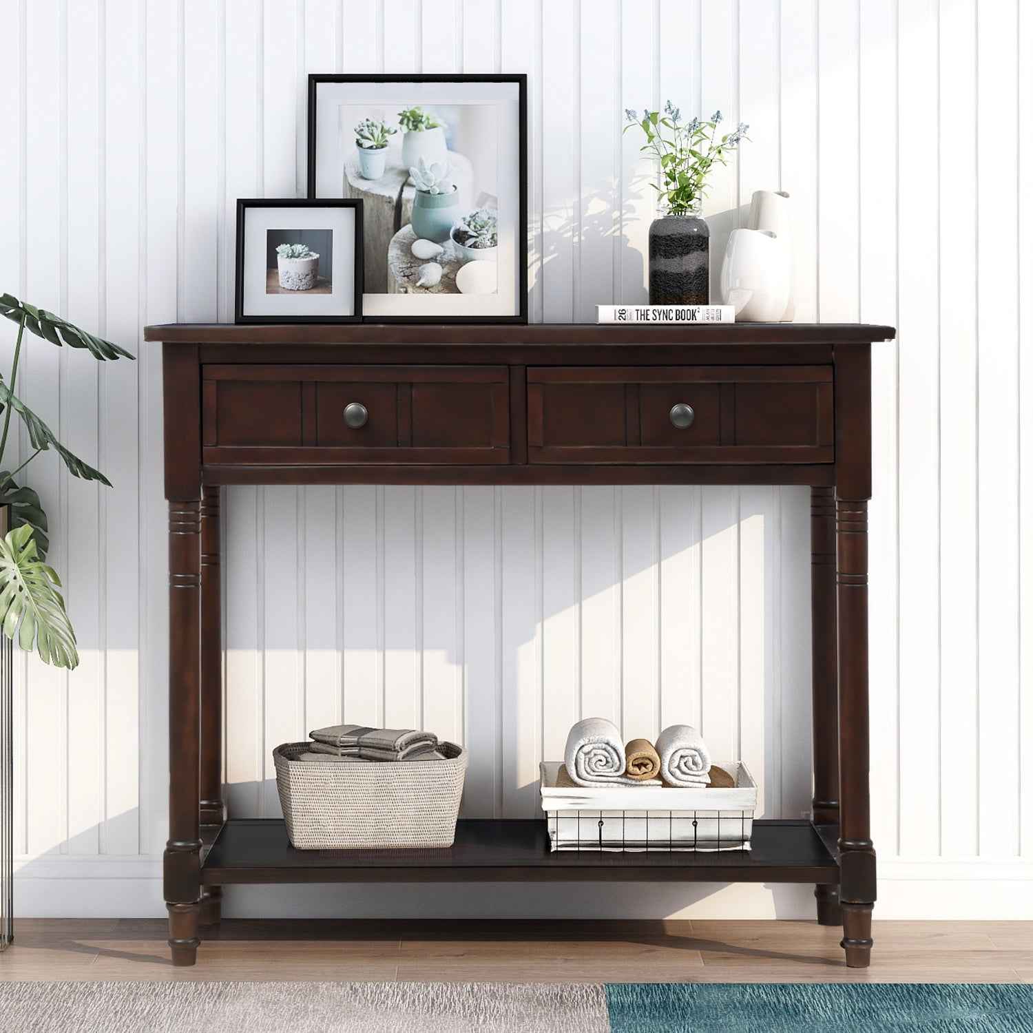 TREXM Daisy Series Console Table Traditional Design with Two Drawers and Bottom Shelf (Espresso)