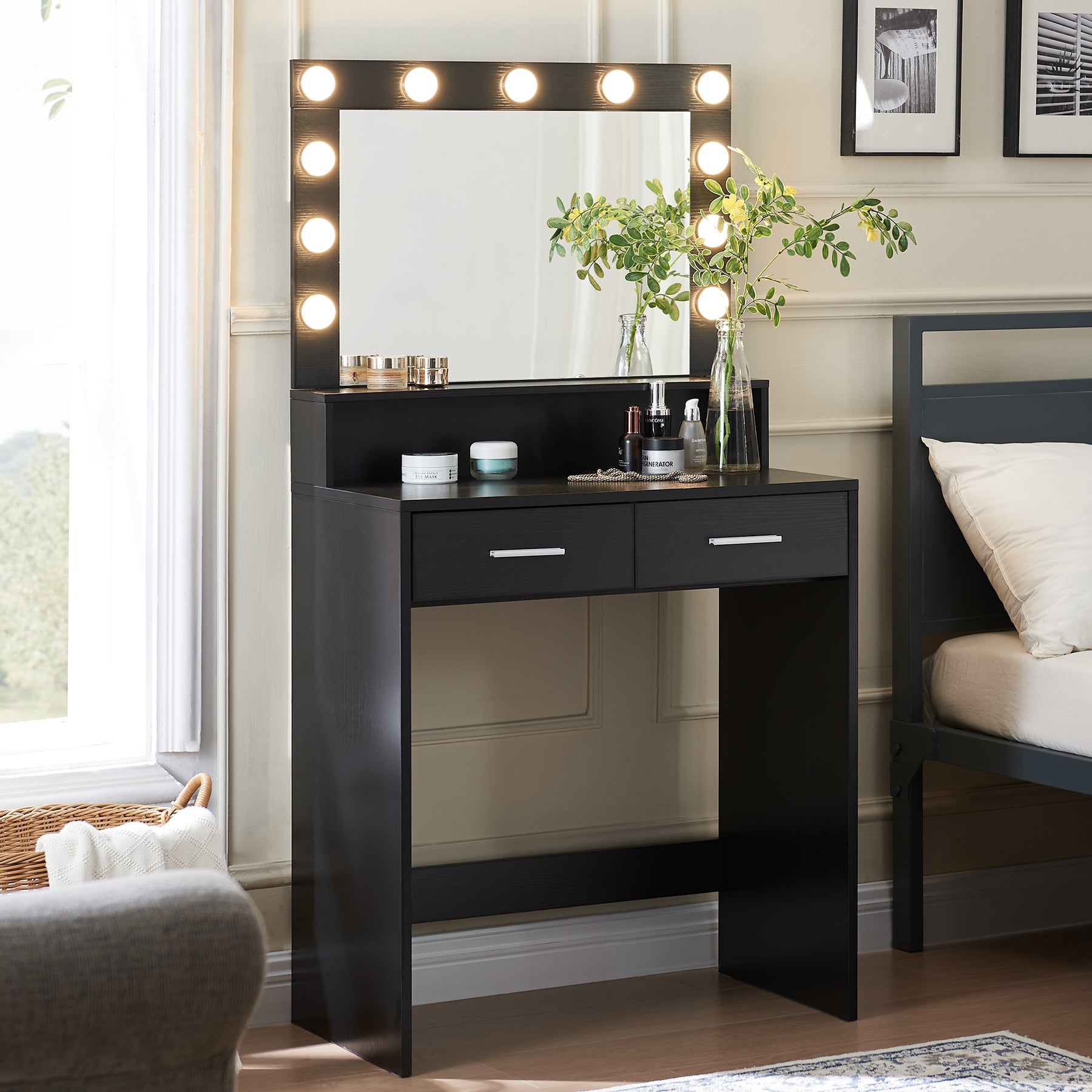 Vanity Desk with Mirror and Lights, Dressing Table with Large Drawer, 2 Level Storage Dresser & 3 Lighting Modes Adjustable Brightness, Suitable for Bedroom(Black)