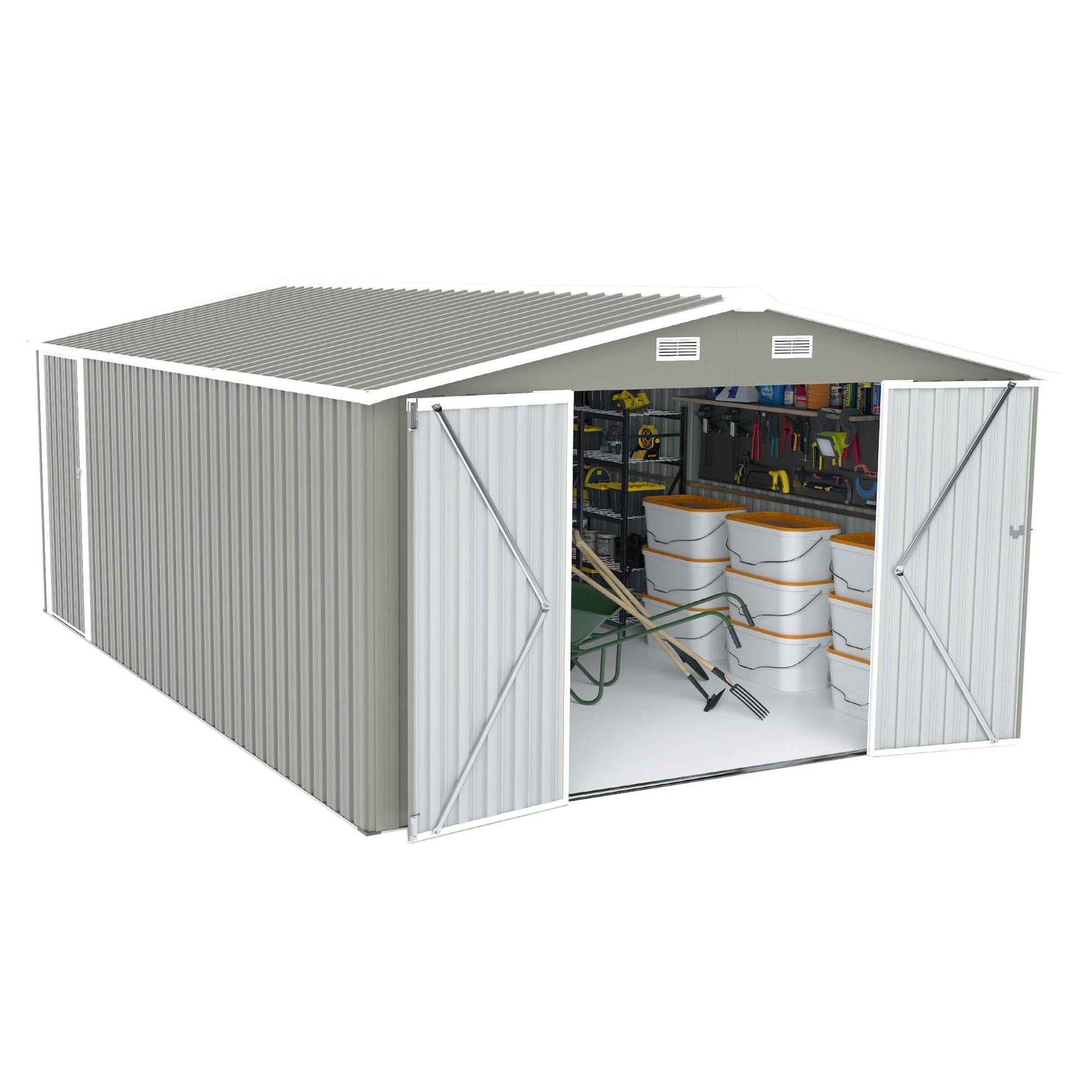 Campcraft  Outdoor Storage Shed 10×14 FT with 3 Lockable Doors,4 Air Vents & Sloped Roof,Utility Tool Shed Metal Storage Garden Sheds  Frame and 4 Vents,for Backyard,Patio,Lawn,Light Grey
