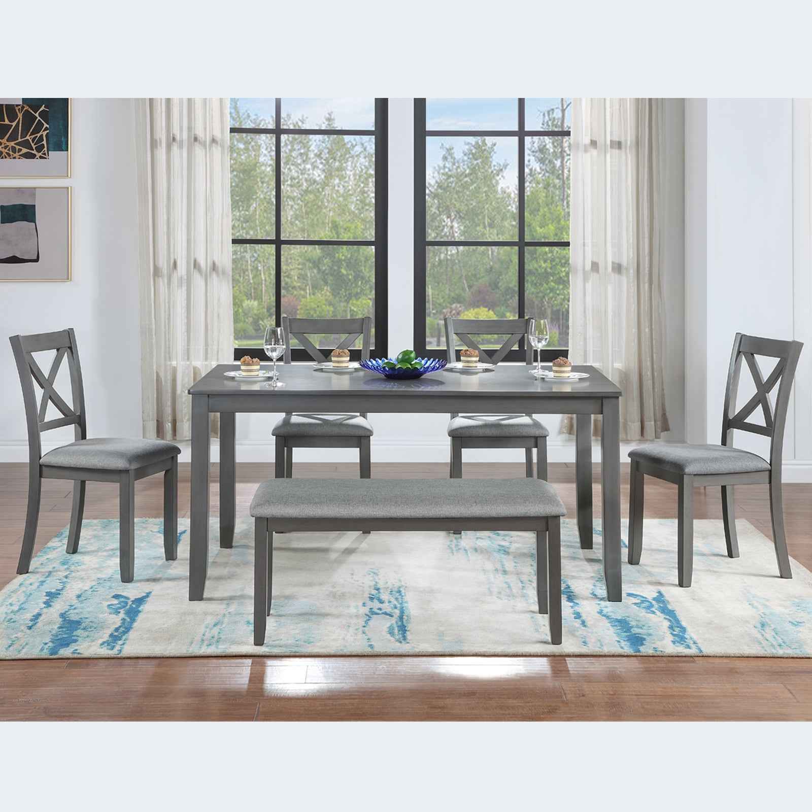6PCs Kitchen Dining Set, Rectangular Wooden Dining Table with 4 Upholstered Chairs and a Bench, Dining Table Set for 6 People, Living Room, Home Bar and Kitchen, Gray