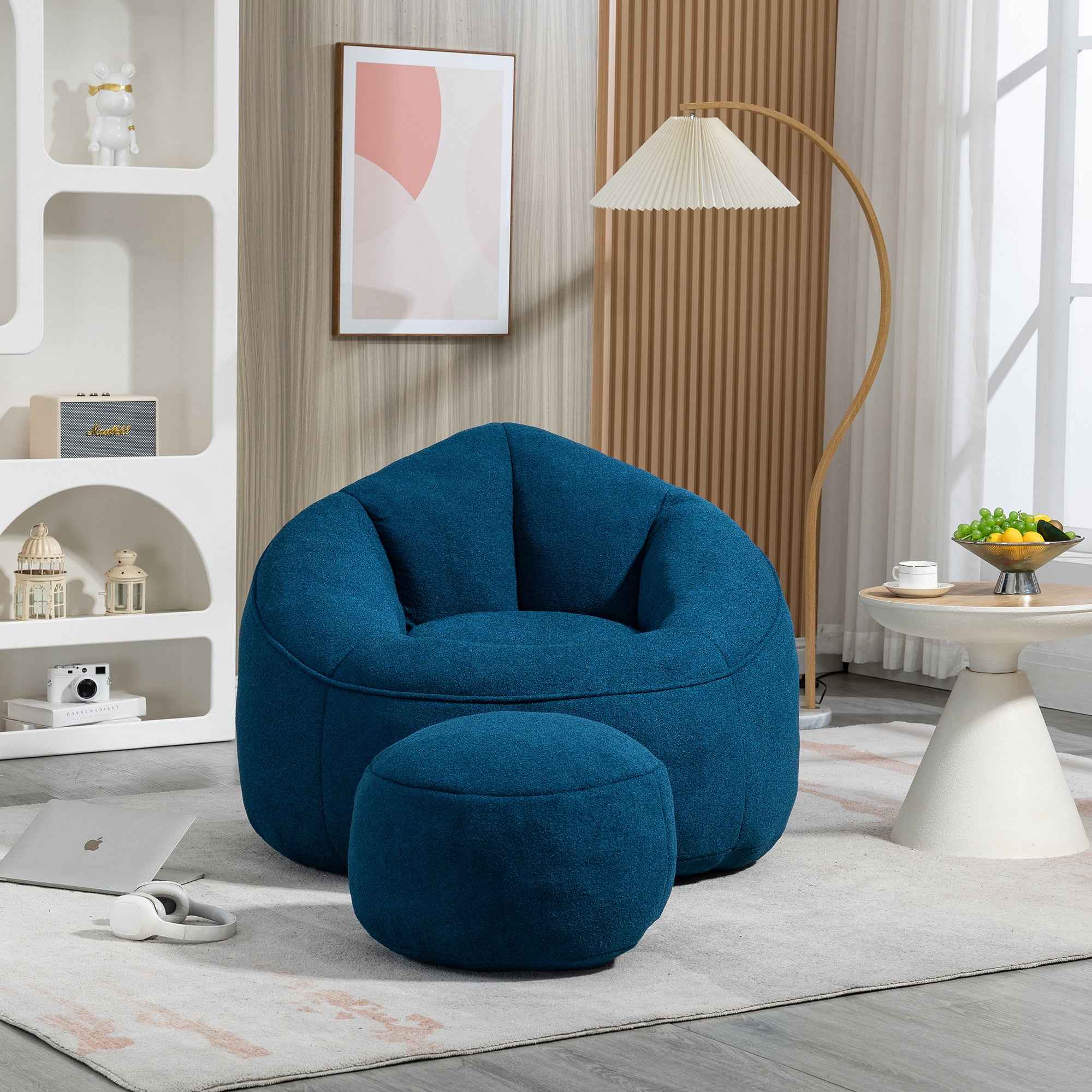 Bedding Bean Bag Sofa Chair with High-Pressure Foam and Footrest, Blue Microfiber