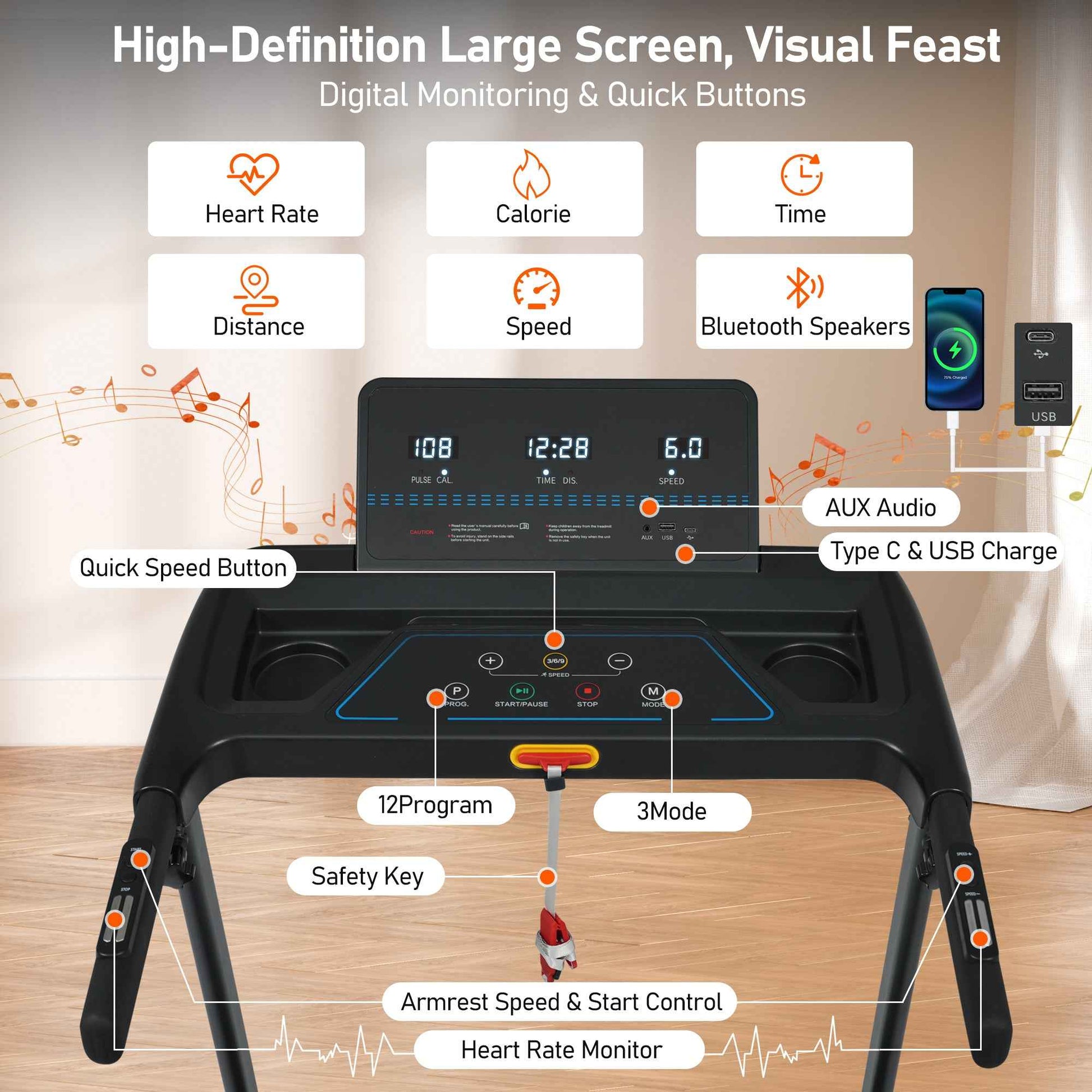 Folding Treadmills for Home Small, 3.0HP Portable Treadmill with 8% Incline,10MPH Walking Pad with Incline, 300 LBS Walking Pad Treadmills with Bluetooth, Heart Rate Sensors,Charge Station