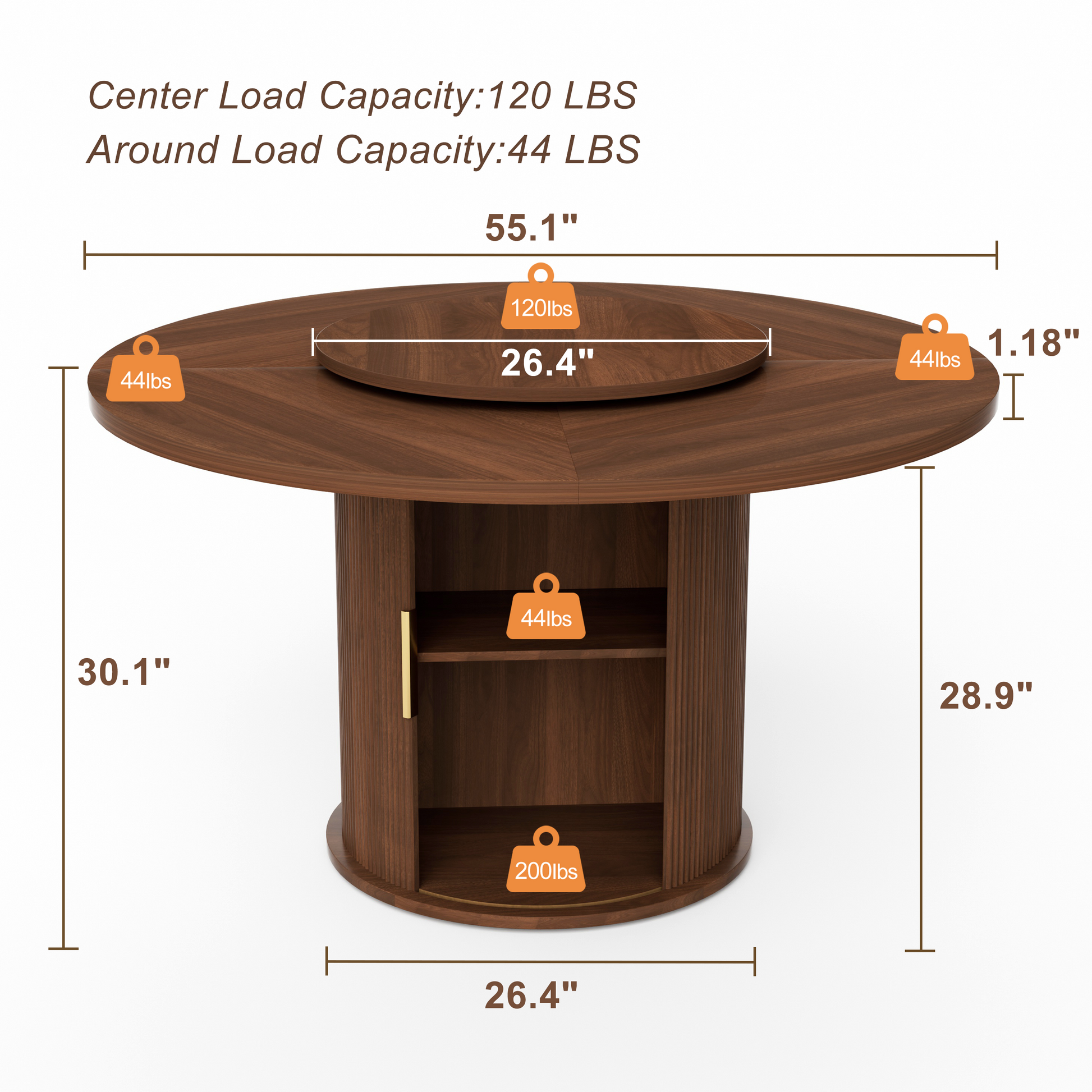 55-inch round dining table for six, featuring a double-tiered storage rack and a rotating tabletop tray. Wooden wavy-striped sliding doors. Ideal for home dining room living room (Walnut).